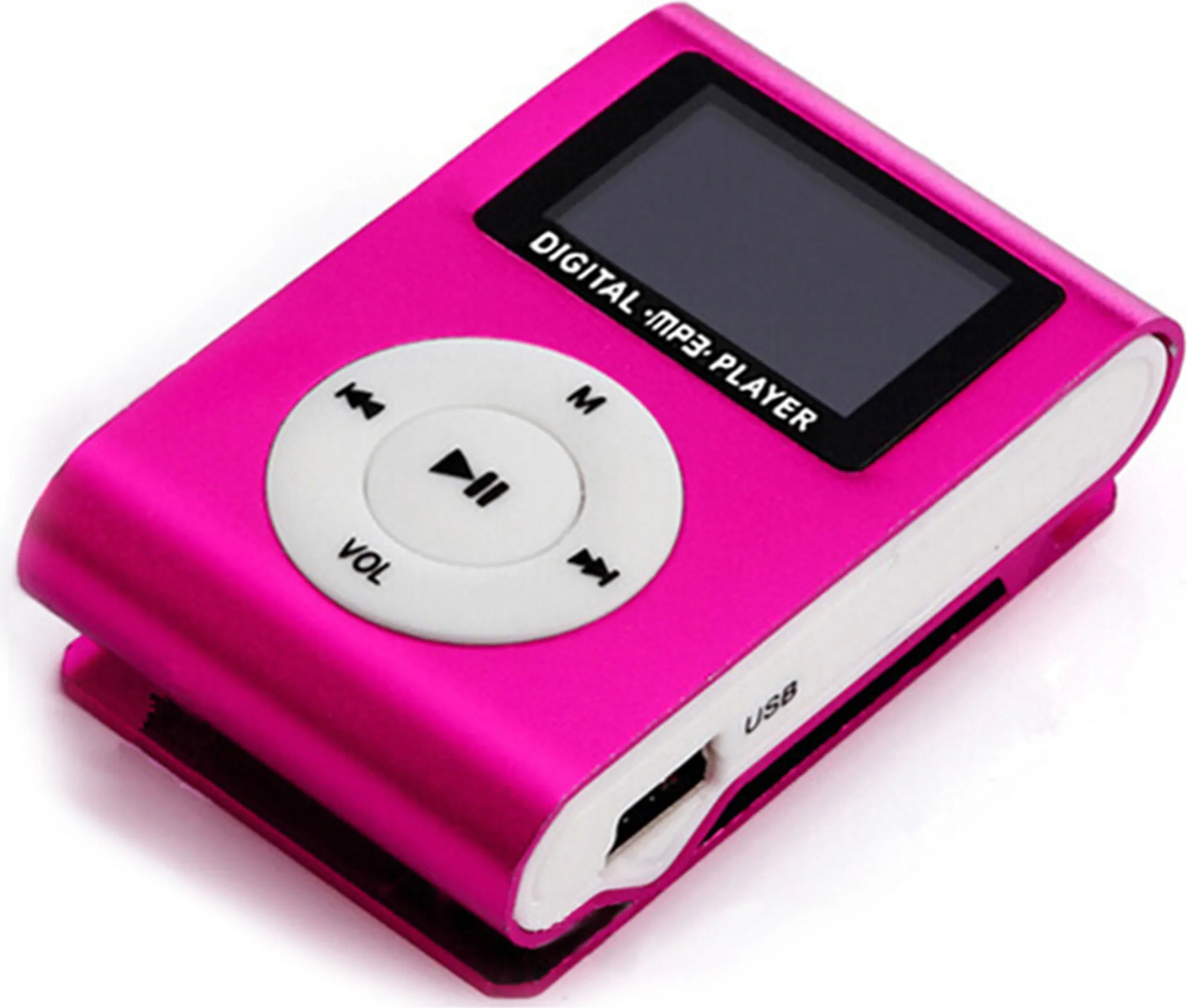 Rosa MP3-Player mit Bildschirm. Zeigt 'DIGITAL MP3 PLAYER'. Hat Steuertasten und USB-Anschluss.
