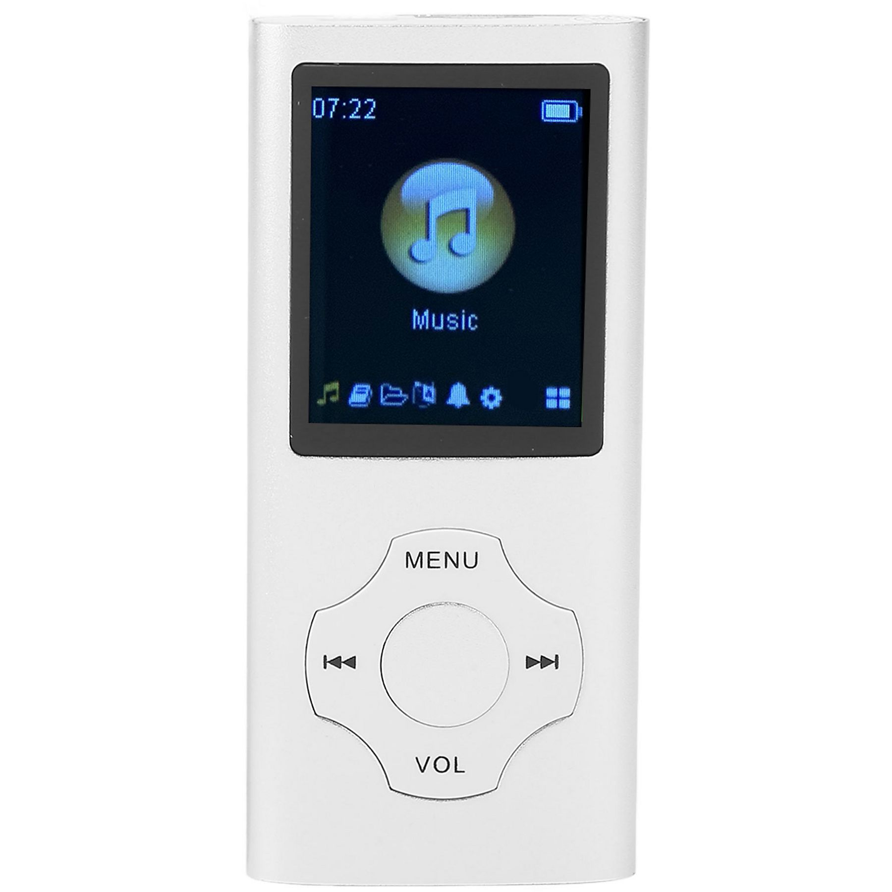 Ein weißer MP3-Player mit einem Bildschirm, der ein Musiksymbol anzeigt. Er hat Tasten zur Steuerung.