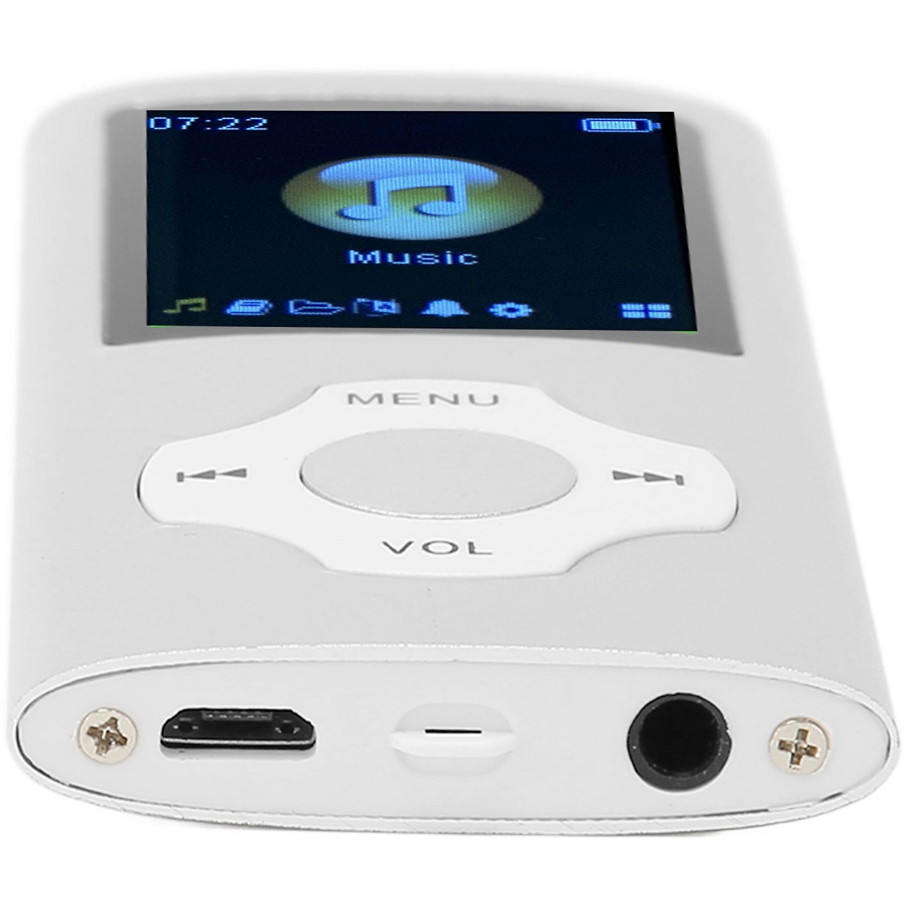 Ein weißer MP3-Player, der ein Musiksymbol auf dem Bildschirm zeigt. Die Zeit wird als 07:22 angezeigt.