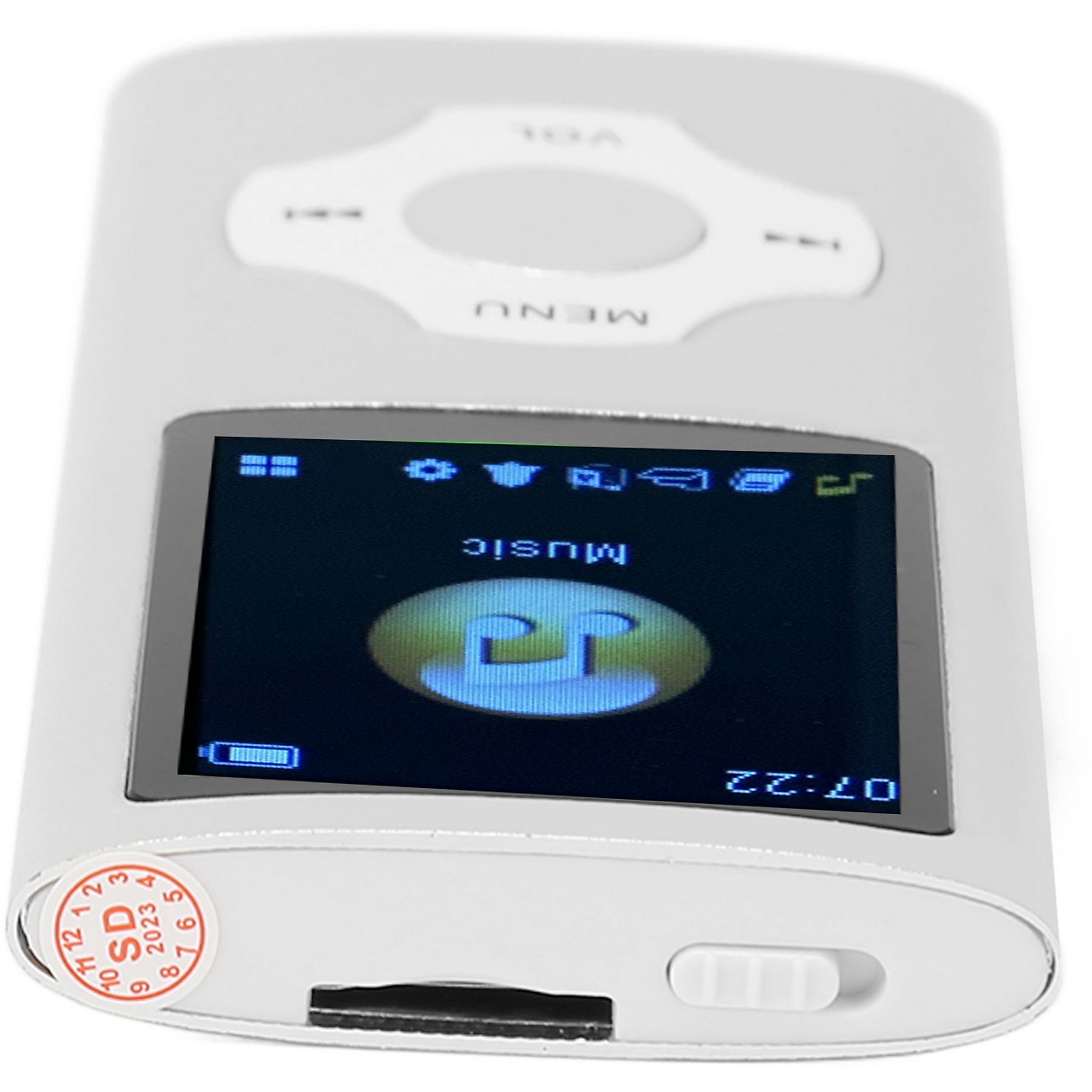 Ein weißer MP3-Player mit einem Musiksymbol auf dem Bildschirm. Die Zeit wird als 07:22 angezeigt.