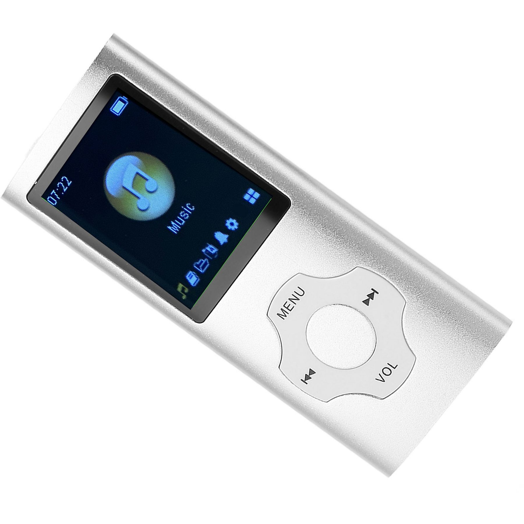 Ein silberner MP3-Player mit einem Bildschirm, der ein Musiksymbol anzeigt. Die angezeigte Zeit ist 07:22.