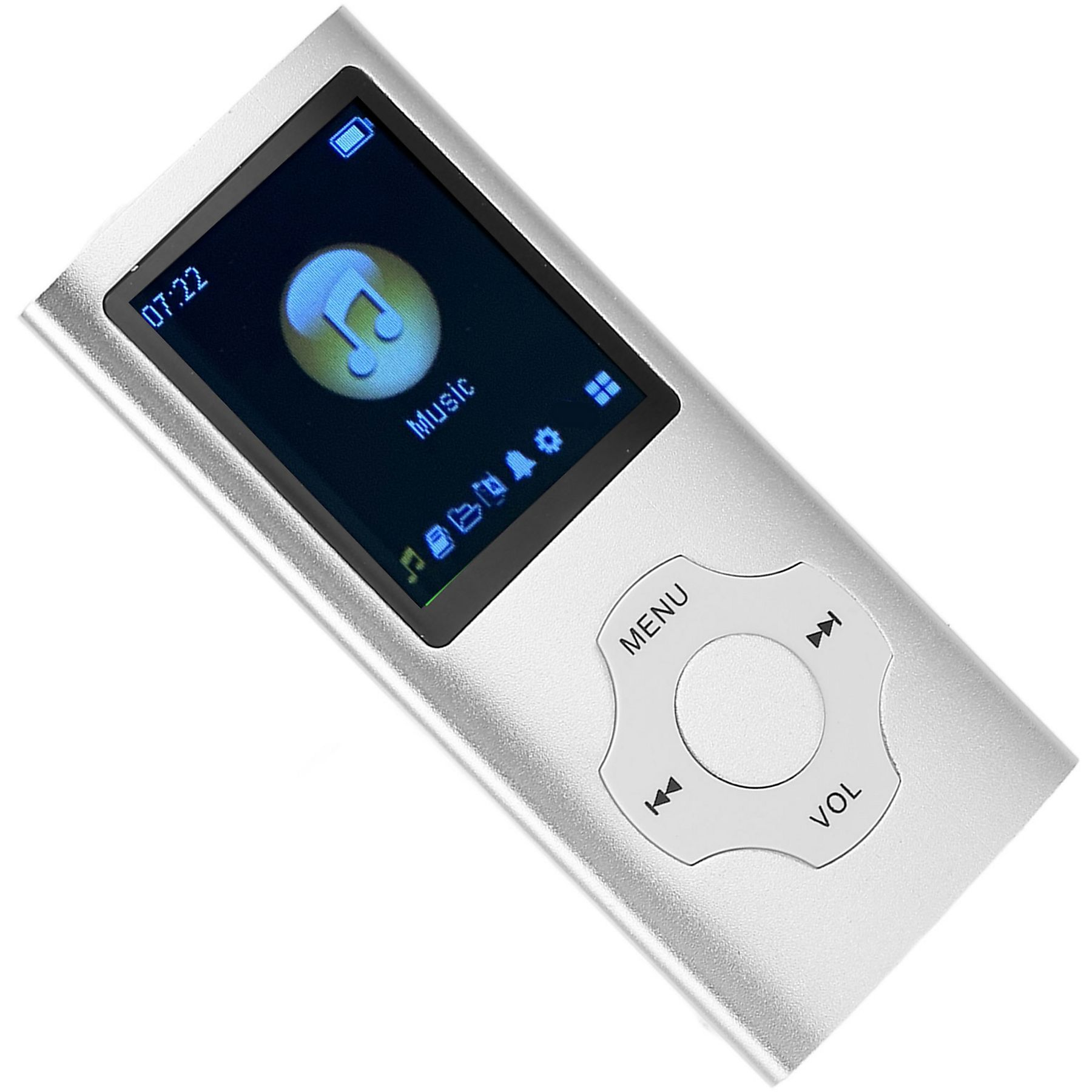 Silberner MP3-Player mit Bildschirm. Zeigt Zeit und Musiksymbol. Hat Steuertasten.