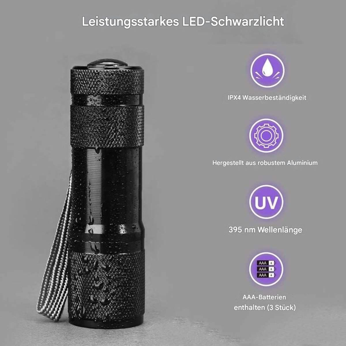 Schwarze Taschenlampe mit weißem Band. Text: 'Leistungsstarkes LED-Schwarzlicht'. Akku-Symbole.