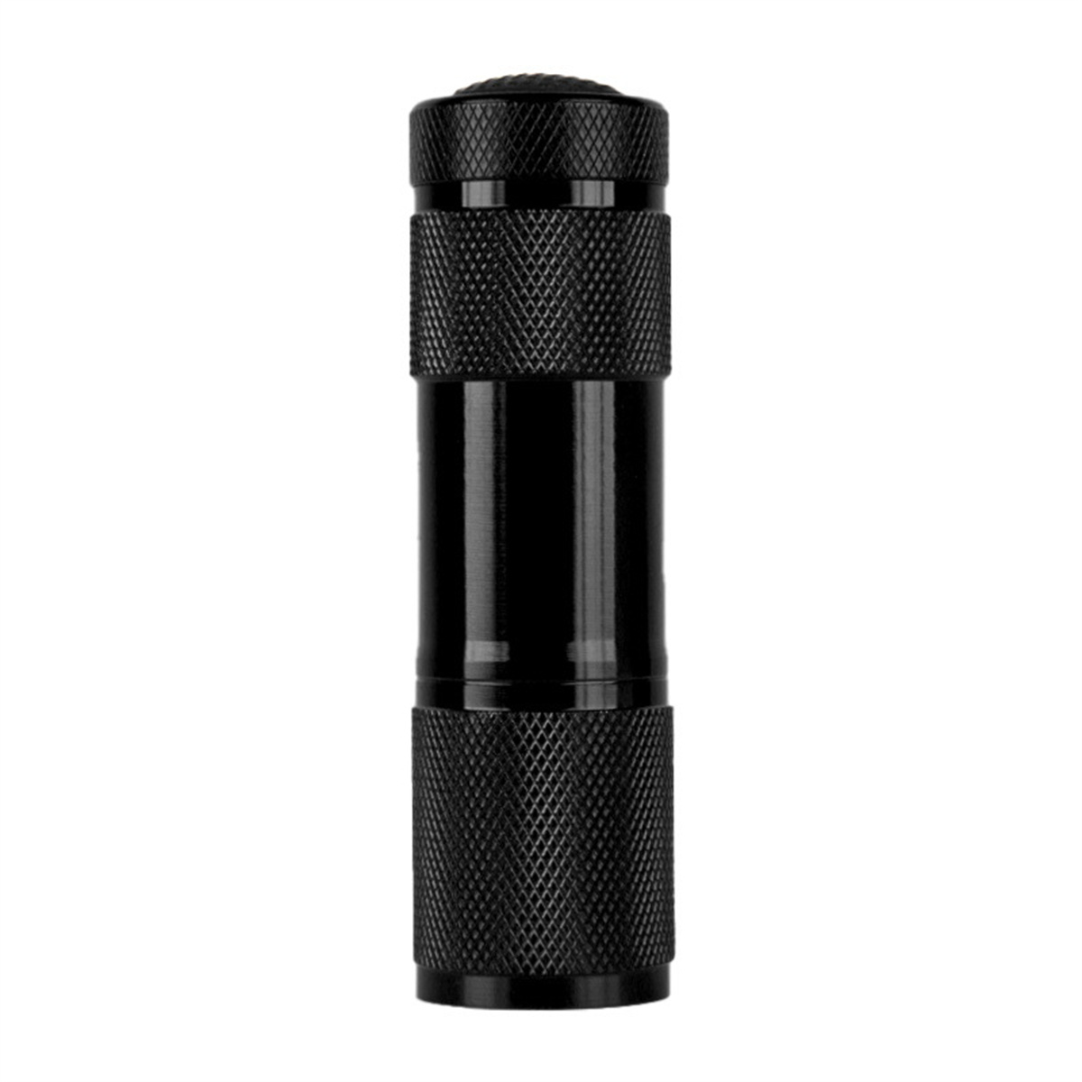 Eine kleine, schwarze, zylindrische Taschenlampe mit strukturierter Grifffläche und glatter, reflektierender Oberfläche.
