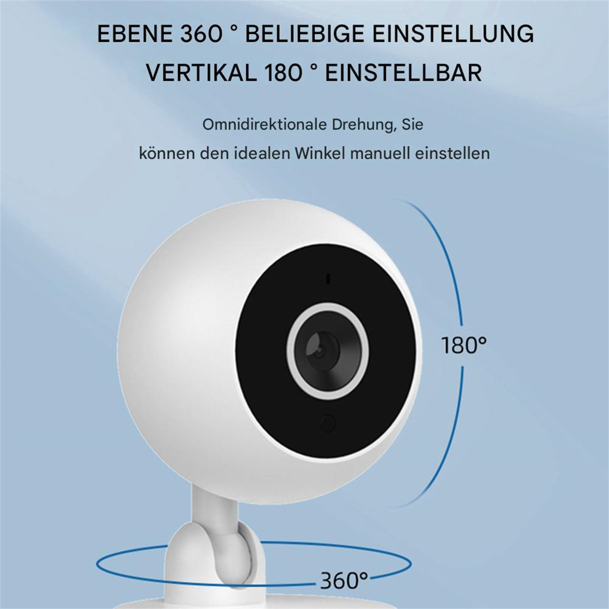 Eine weiße Überwachungskamera mit schwarzem Objektiv, dargestellt mit Richtwinkeln und Text auf Deutsch.