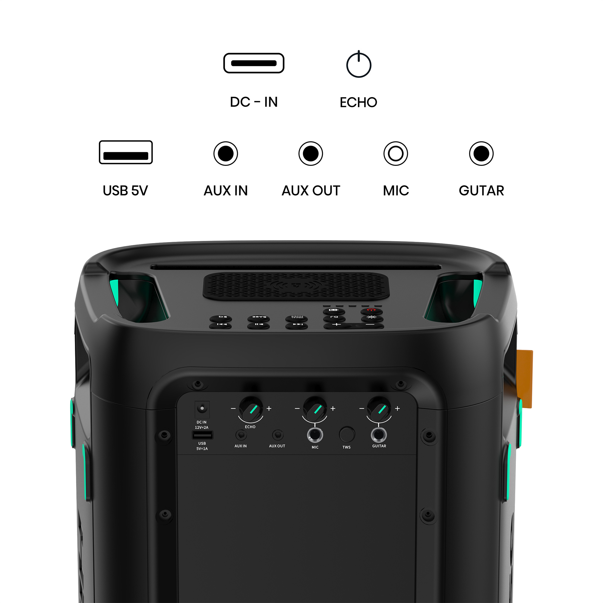 Schwarzer Lautsprecher mit Eingangsanschlüssen: USB, AUX und Mikrofon. Tasten für Echo, Aux und Gitarre.