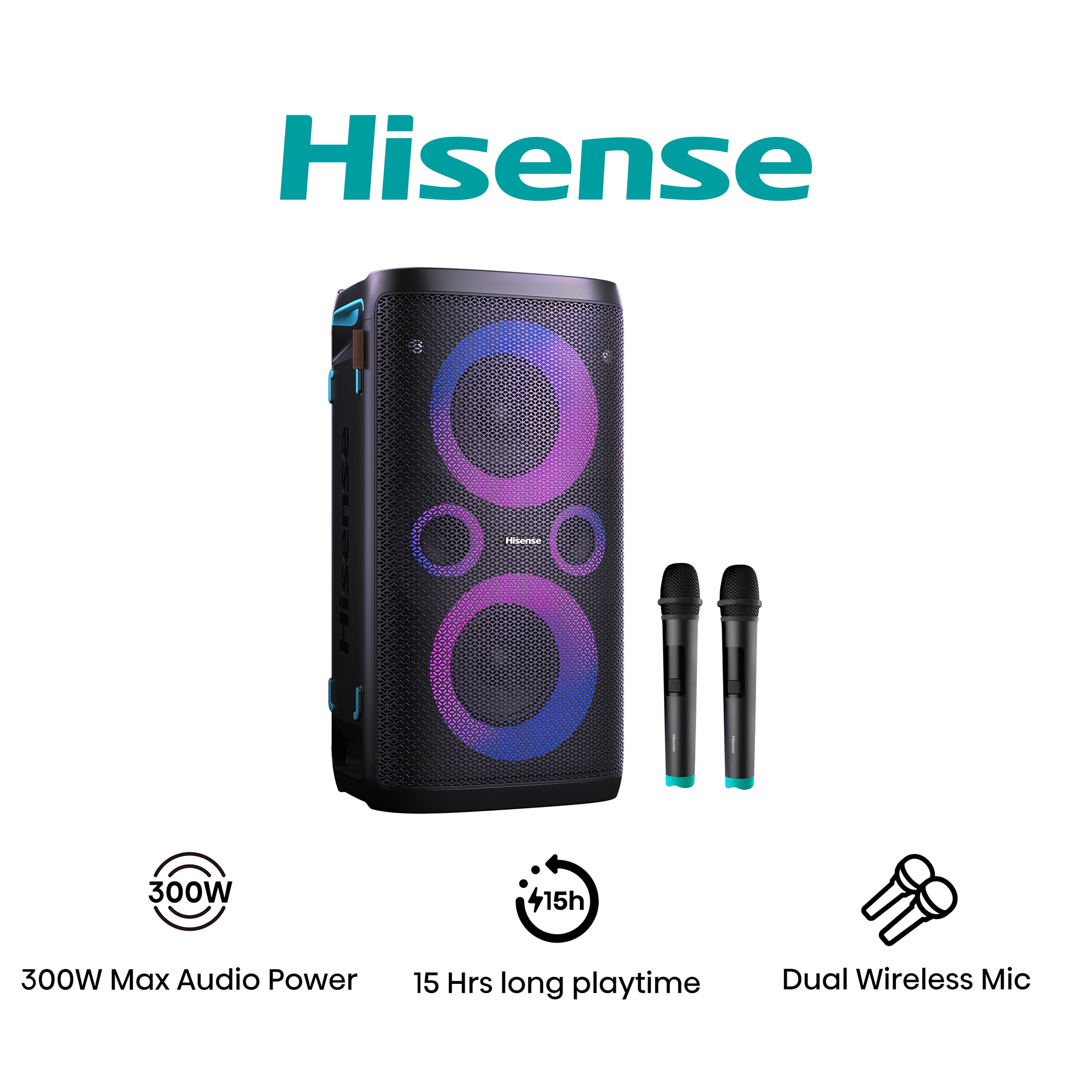 Schwarzer Hisense-Lautsprecher mit zwei drahtlosen Mikrofonen. 300W max. Audioleistung.