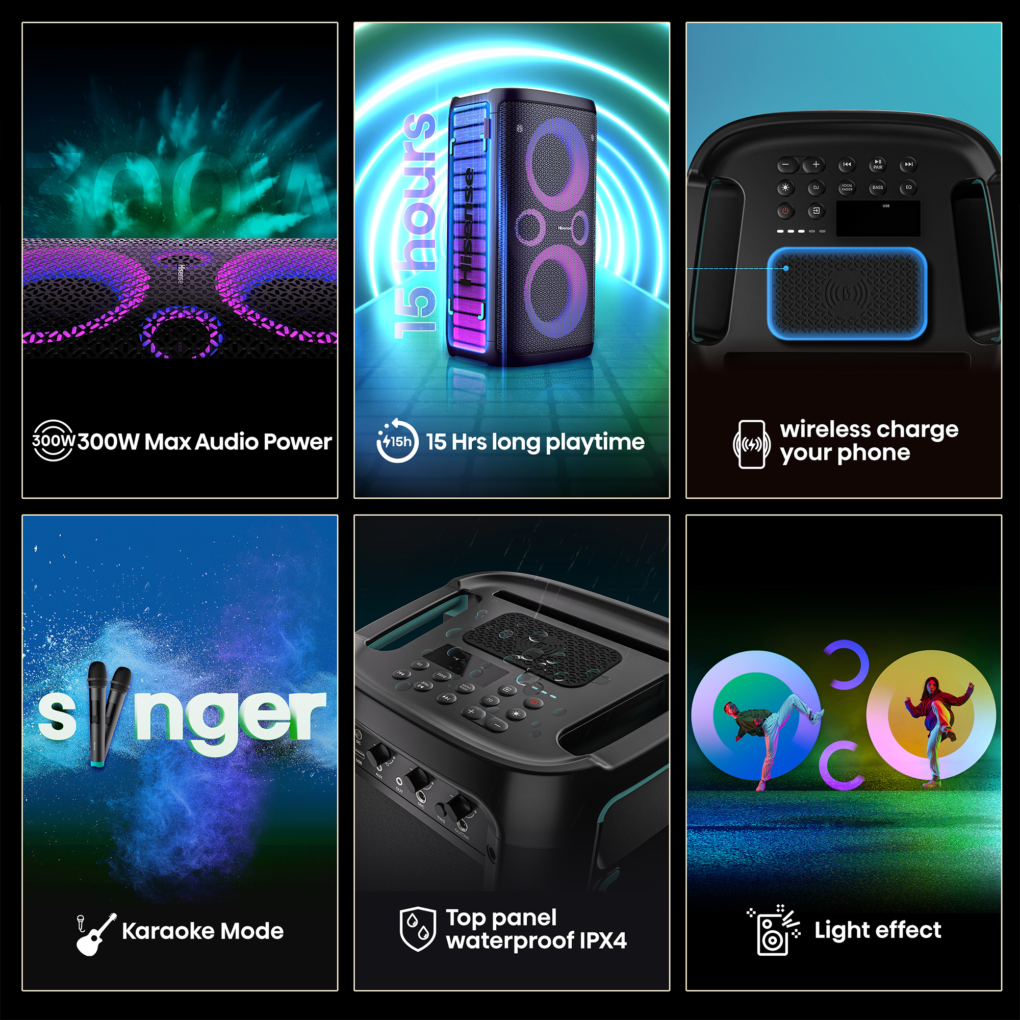 Schwarzer Lautsprecher mit bunten Lichtern, Text wie '300W Max Audio Power' und '15 Std. lange Spielzeit'.
