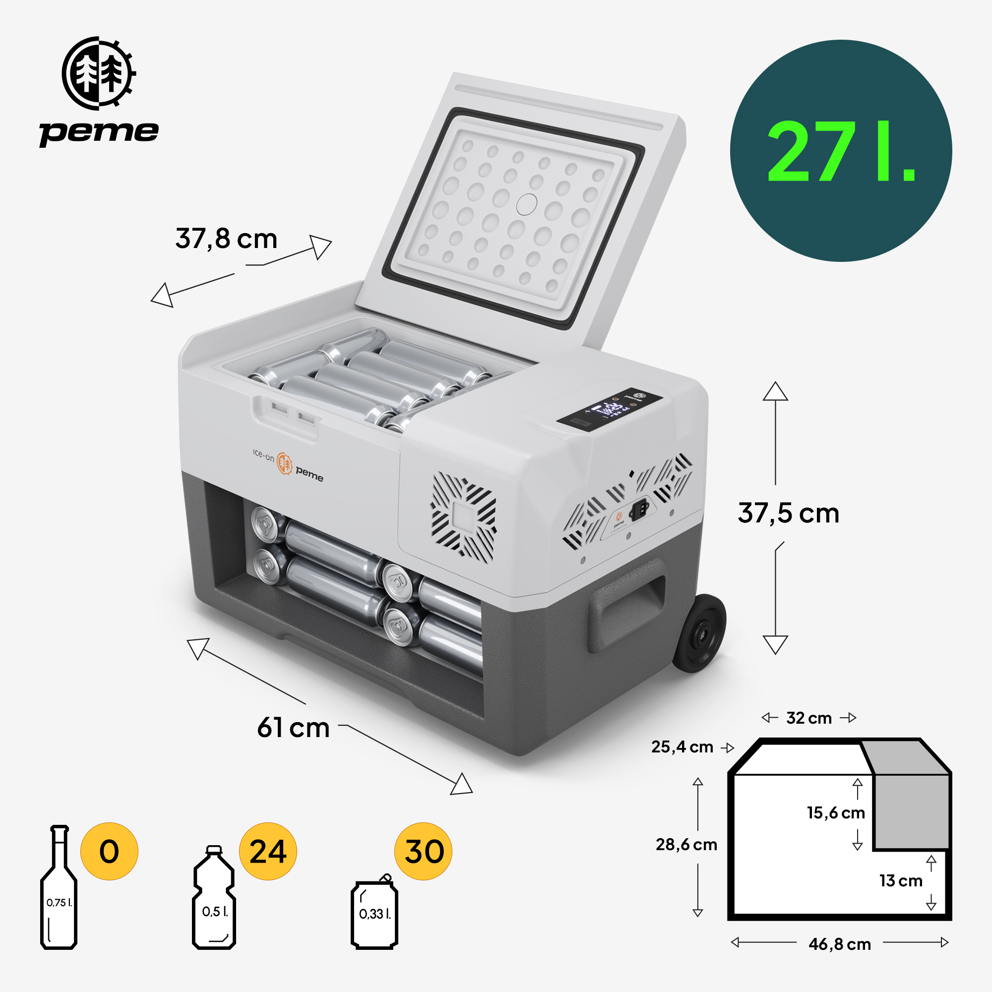 Weiß-graue Kühlbox mit offenem Deckel, zeigt Inhalt und Abmessungen. Eine Flasche und Dosen werden gezeigt.