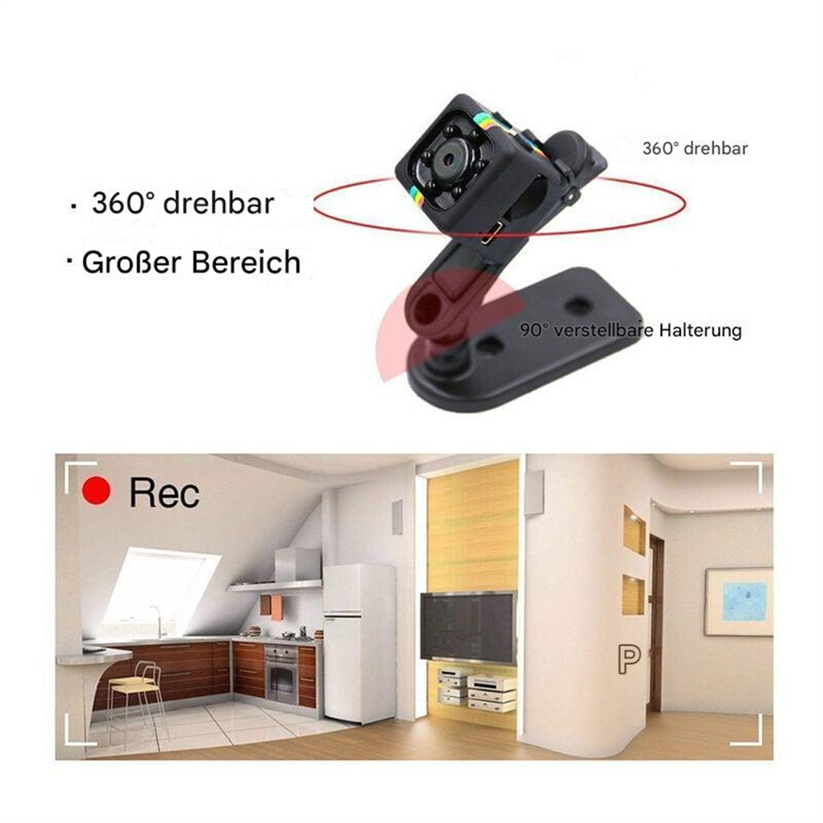 Eine kleine schwarze Kamera mit Halterung. Die Kamera wird in einer Raumeinstellung beim Aufnehmen gezeigt.