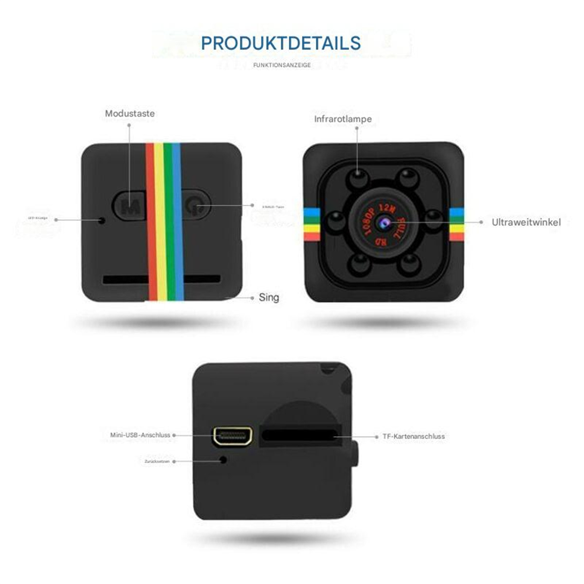 Schwarze Mini-Kamera mit mehreren beschrifteten Funktionen. Zeigt USB, TF-Karte und andere Komponenten.