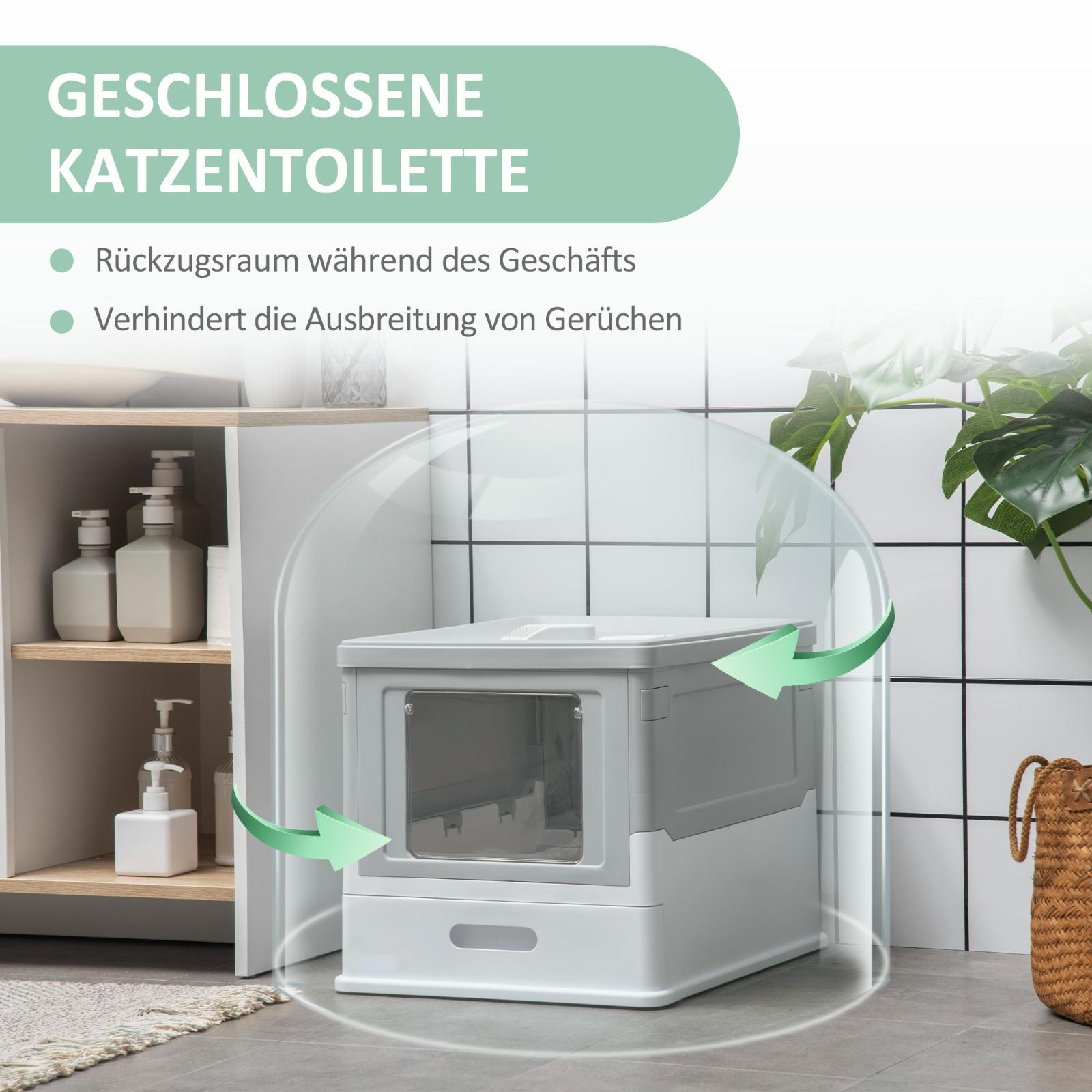 Eine geschlossene Katzentoilette wird mit Pfeilen gezeigt, die den Ein- und Ausgang anzeigen. Sie befindet sich in einem Badezimmer.