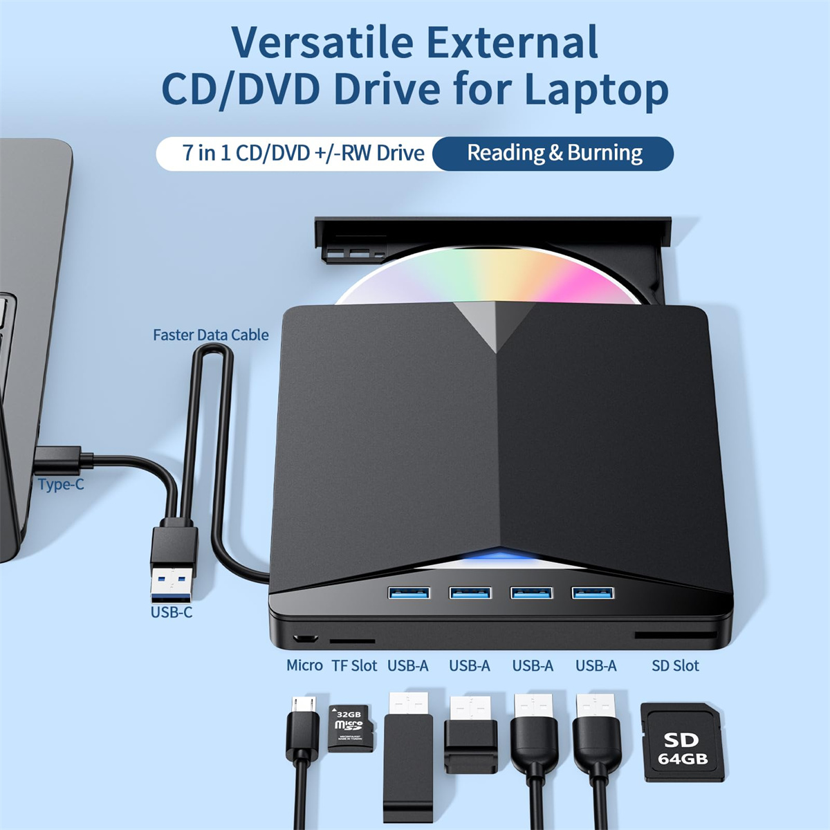 Externes CD/DVD-Laufwerk, das an einen Laptop angeschlossen ist, mit verschiedenen Datentypen.