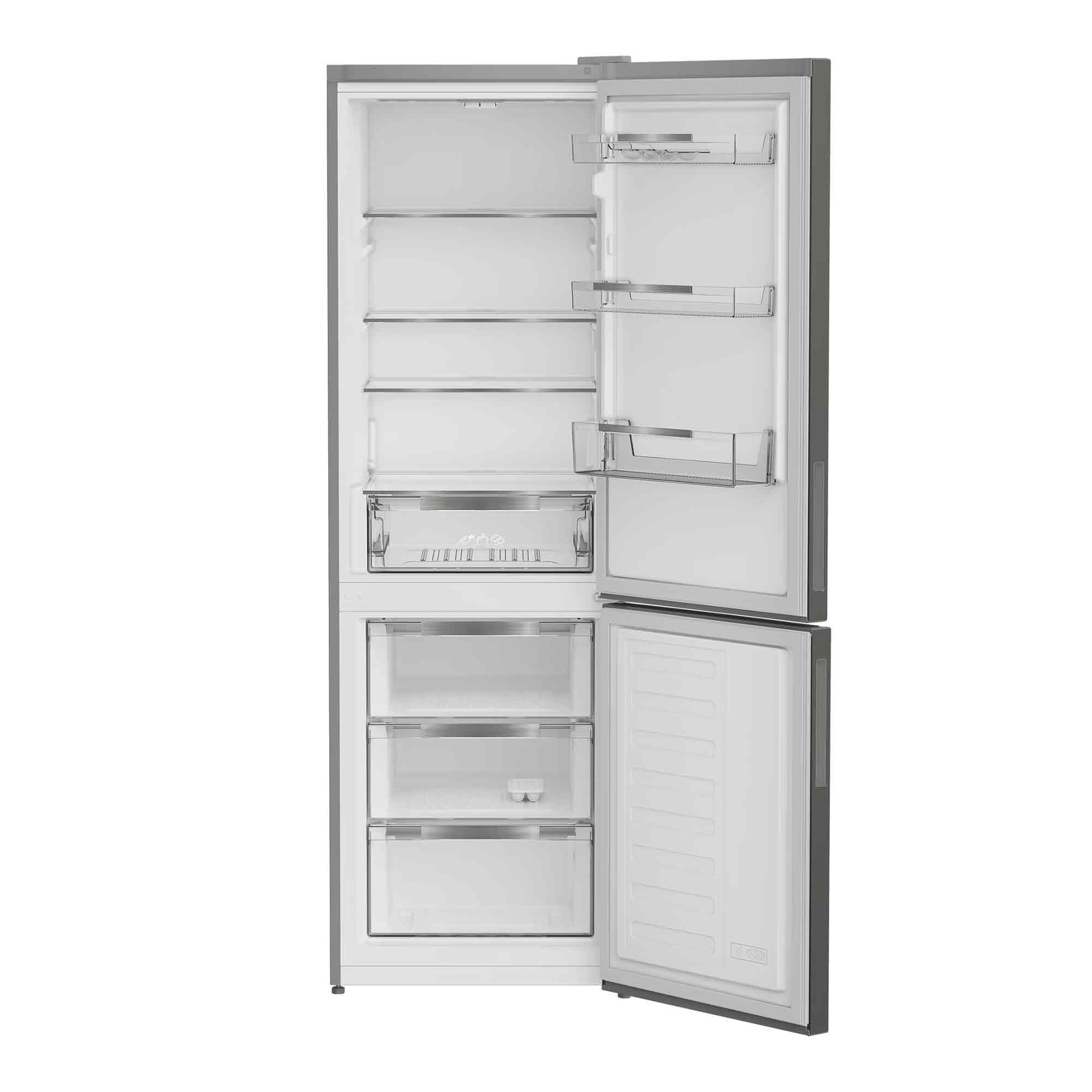 Ein geöffneter Kühlschrank mit Regalen, Schubladen und Licht im Inneren.