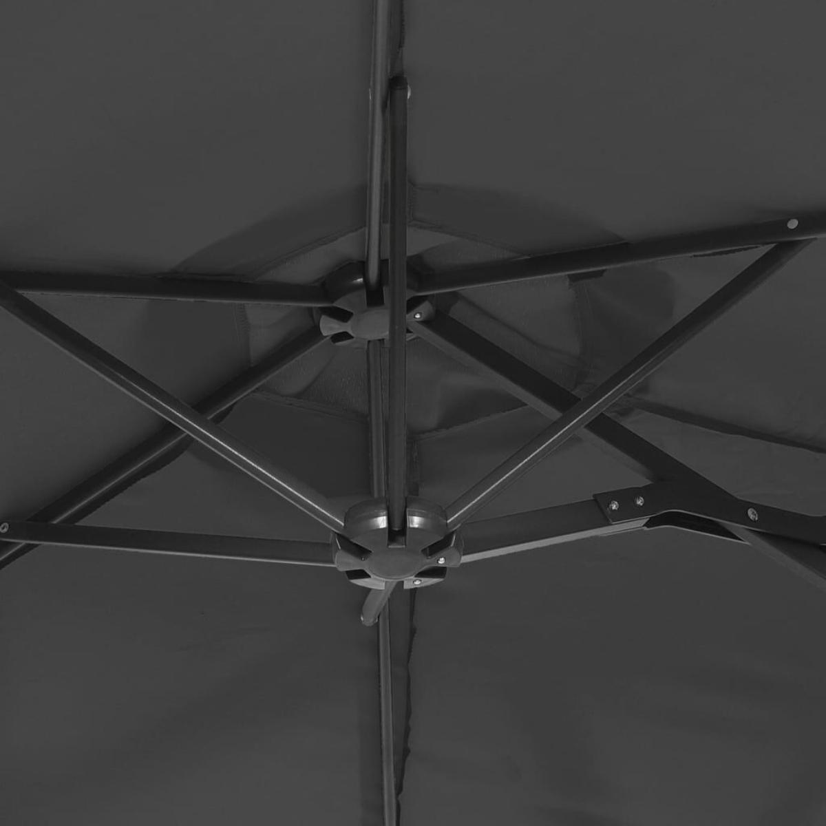 Ansicht von unten eines dunkelgrauen Schirms mit Metallrahmen und Stützstrukturen.