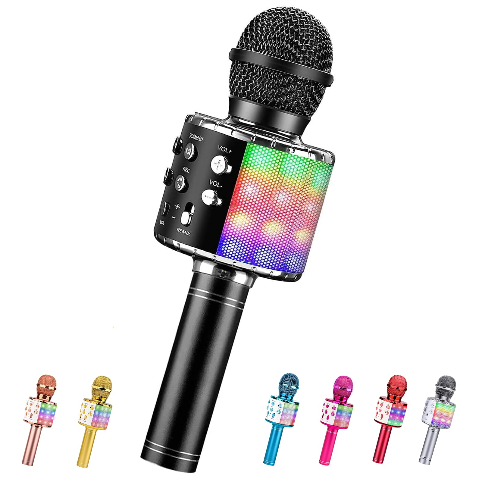 Ein schwarzes und silbernes Karaoke-Mikrofon mit bunten Lichtern und mehreren Farbvarianten unten.