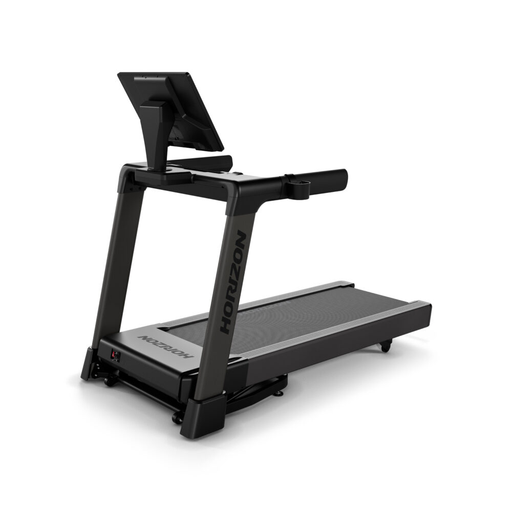 Black Horizon treadmill on white. It has a screen. The brand name is visible on the side.