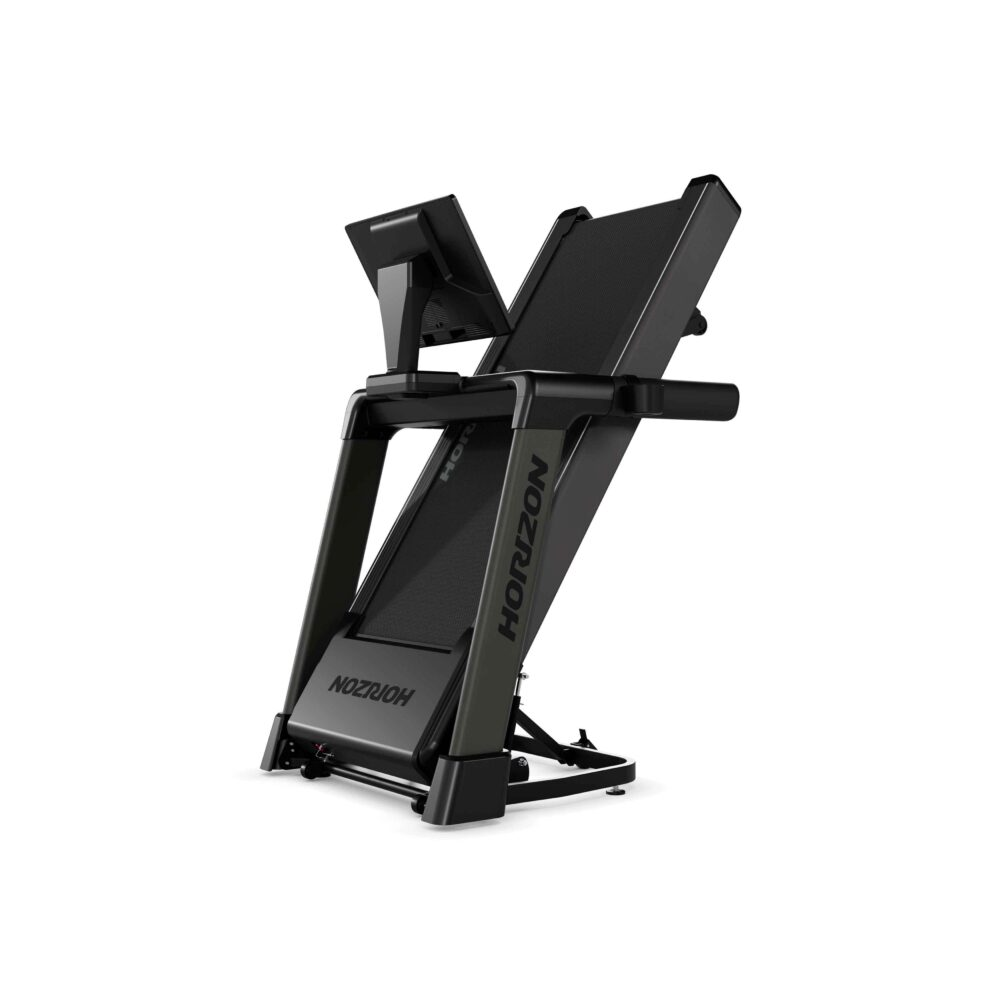 Black Horizon treadmill, folded up. The Horizon logo is visible on the side of the machine.