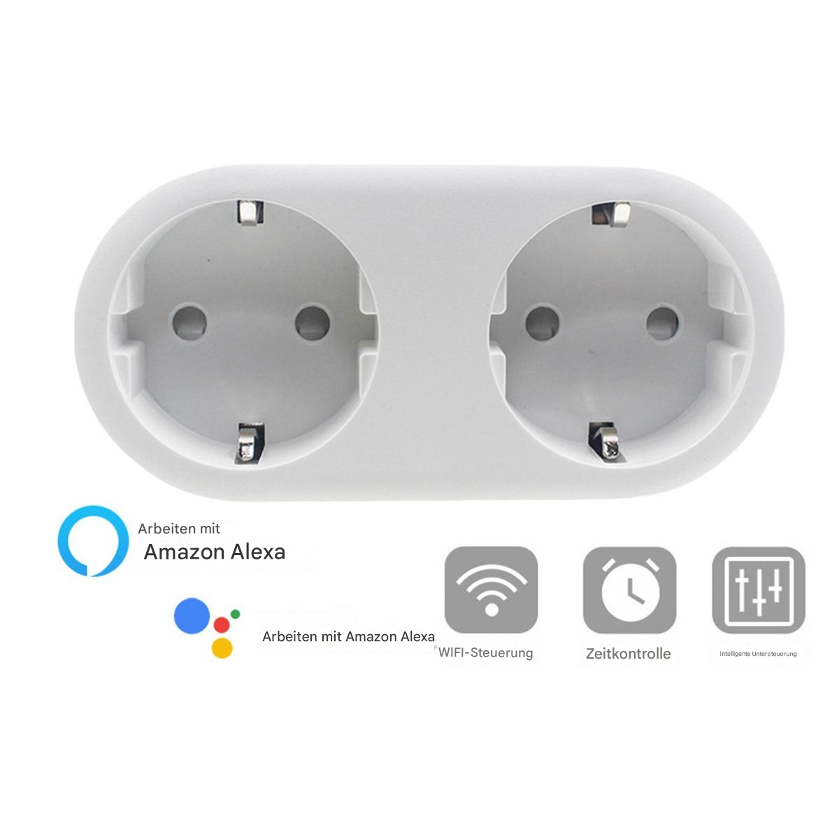 Ein weißer Smart Plug mit zwei Steckdosen, mit Symbolen für WLAN, Timer und Alexa-Kompatibilität.