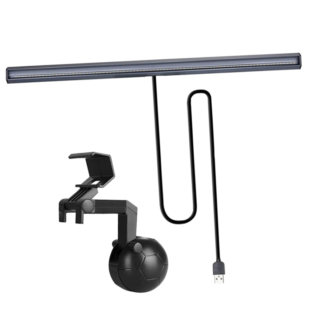 Schwarzes Monitorlicht mit USB-Kabel, Clip und einem schwarzen, kugelförmigen Gegengewicht.