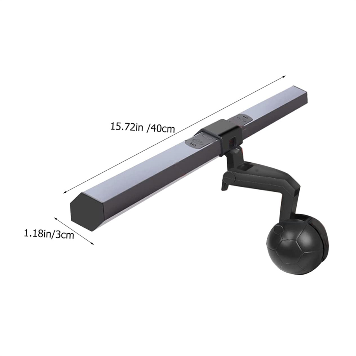 Eine schwarz-graue Schreibtischlampe mit flexiblem Gelenk, Abmessungen werden gezeigt.