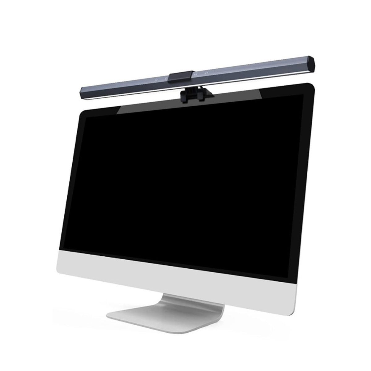 Eine schwarze Schreibtischlampe über einem Computermonitor. Die Lampe ist lang und flach.