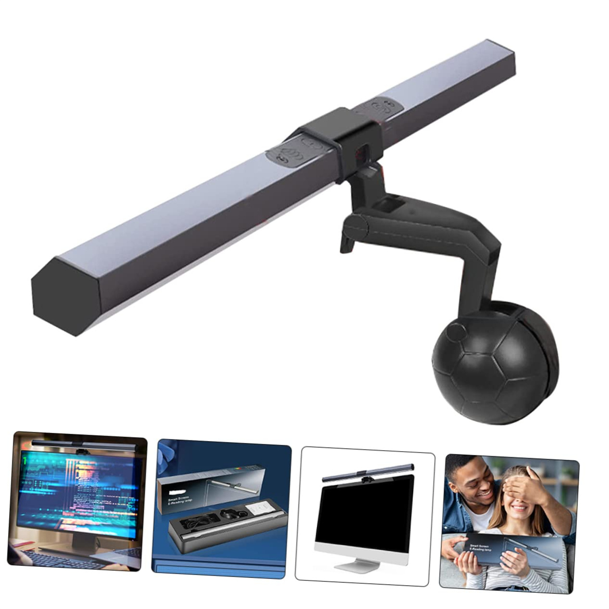 Schreibtischlampe mit Zubehör und einem Computermonitor in einer Collage von Bildern.