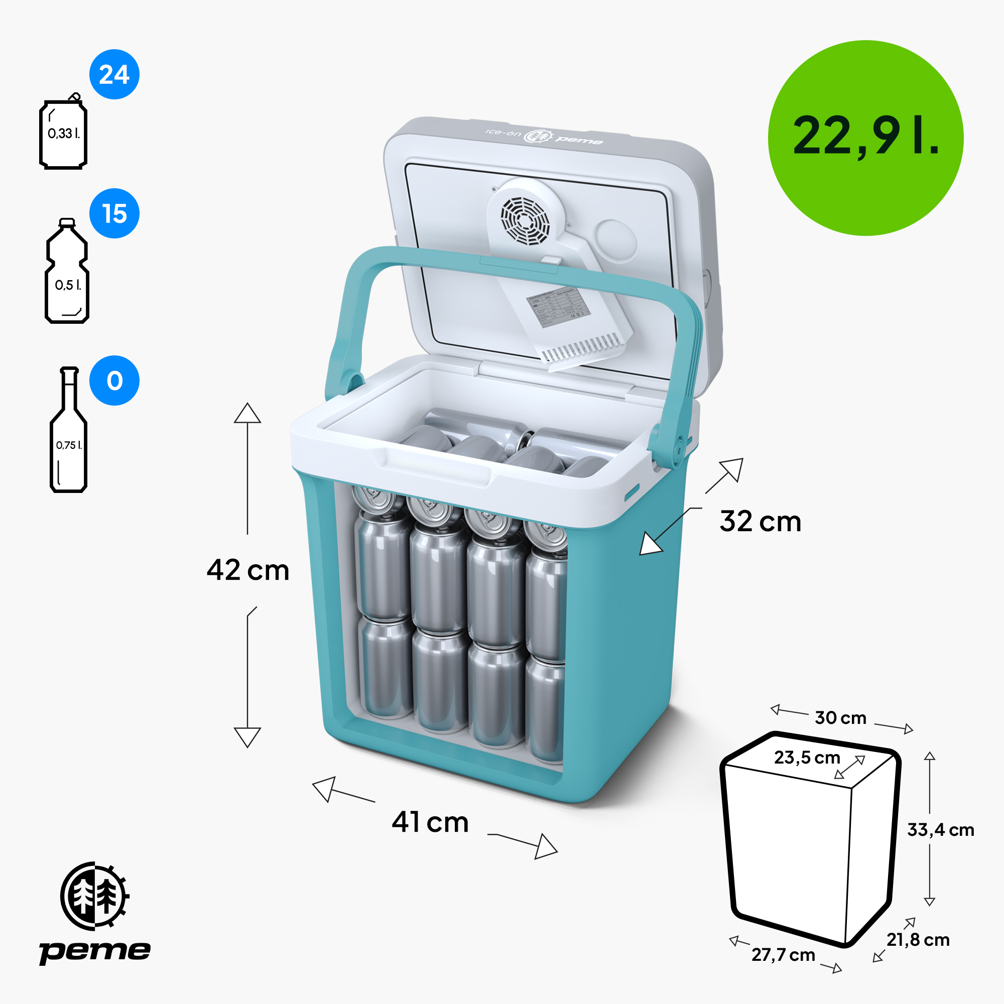 Refrigerador turquesa abierto con latas dentro. Se muestran las dimensiones, junto con la capacidad de la botella.
