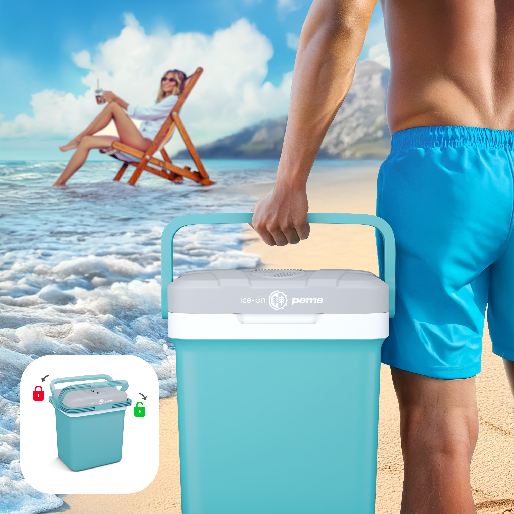 Hombre sosteniendo un refrigerador turquesa en la playa. Mujer relajándose en el fondo. Refrigerador con iconos de cerradura.