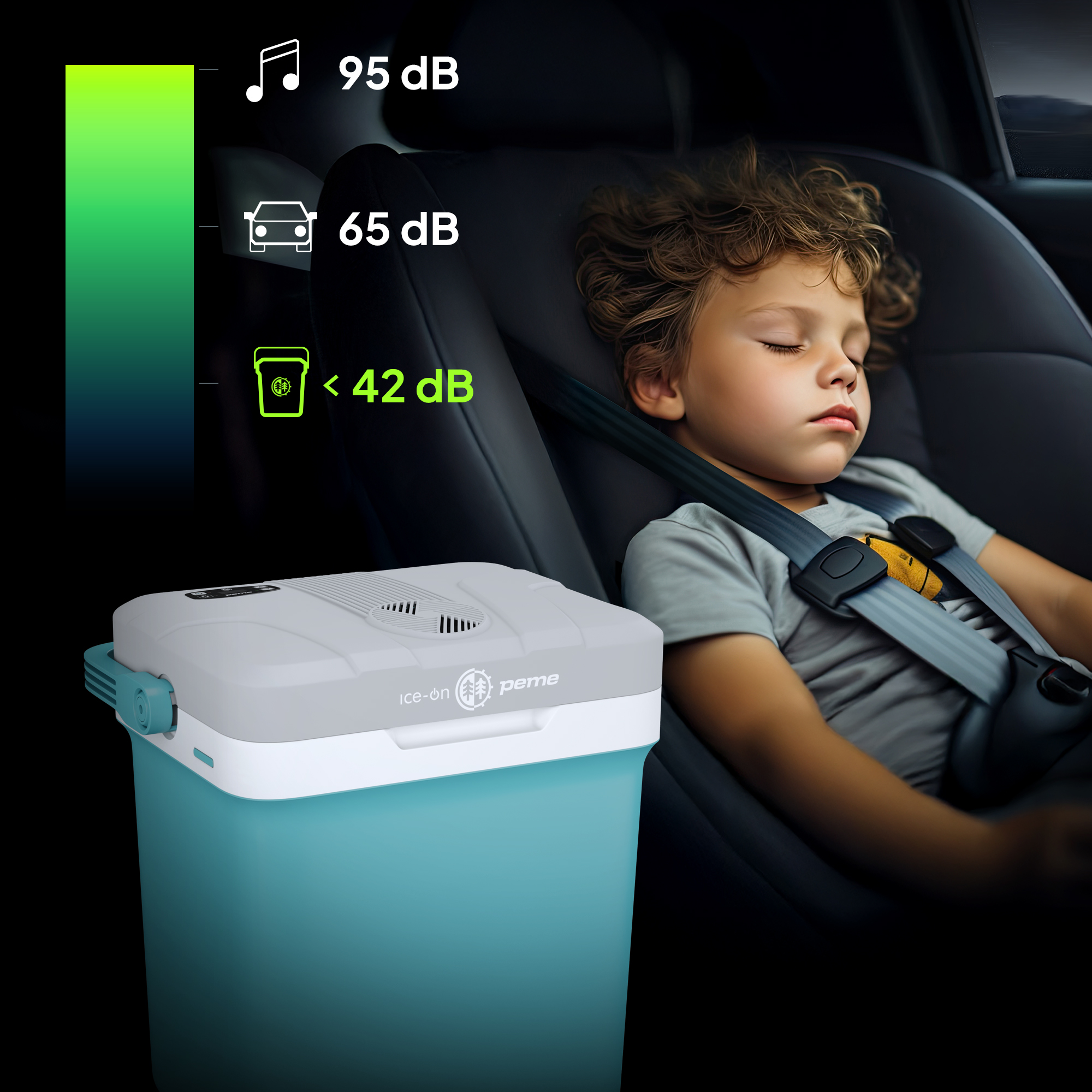 Un niño durmiendo en un coche con una nevera. Los indicadores de nivel de ruido están a la izquierda.