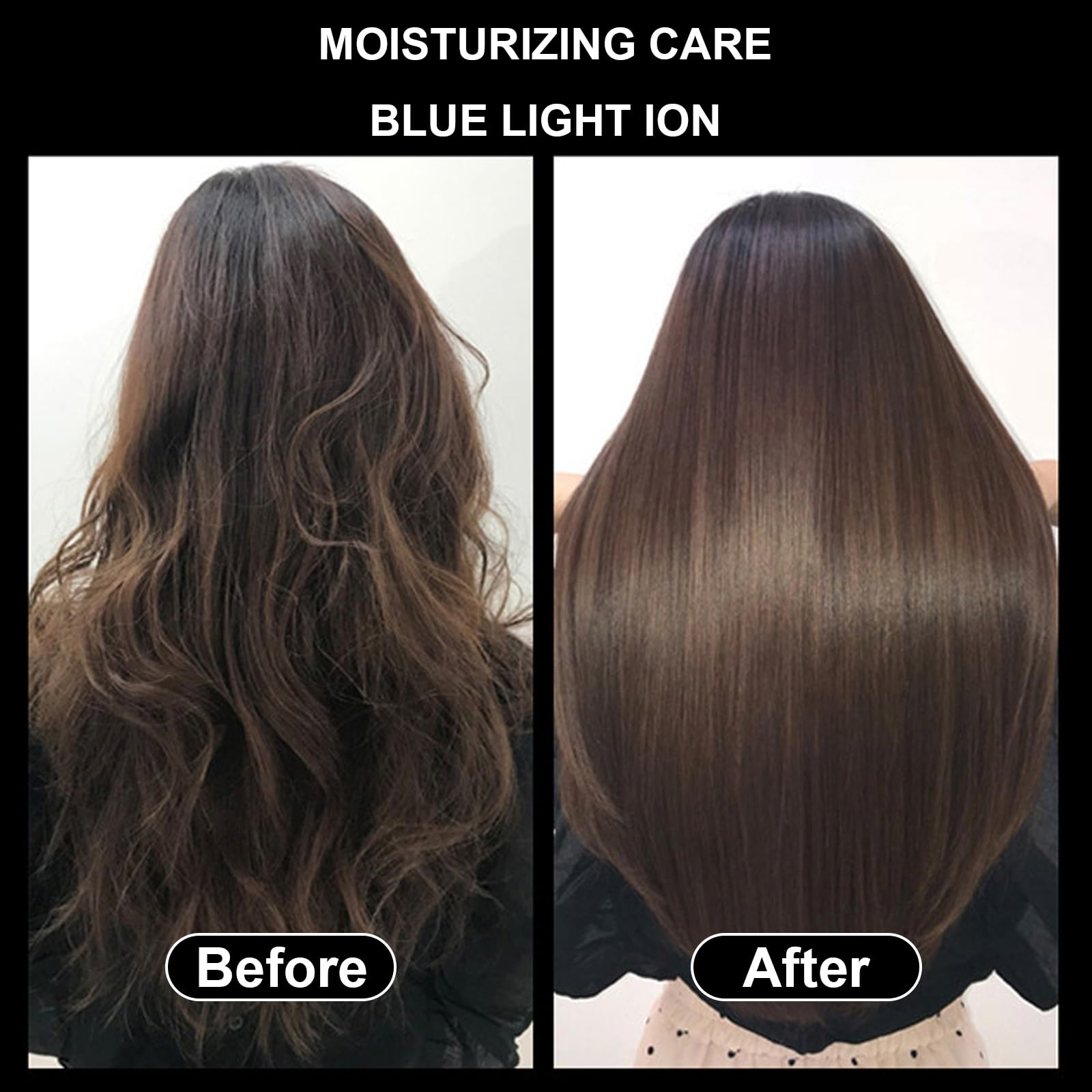 Vorher-Nachher-Bilder von Haaren. Vorher zeigt welliges, trockenes Haar; nachher zeigt glattes, glänzendes Haar.