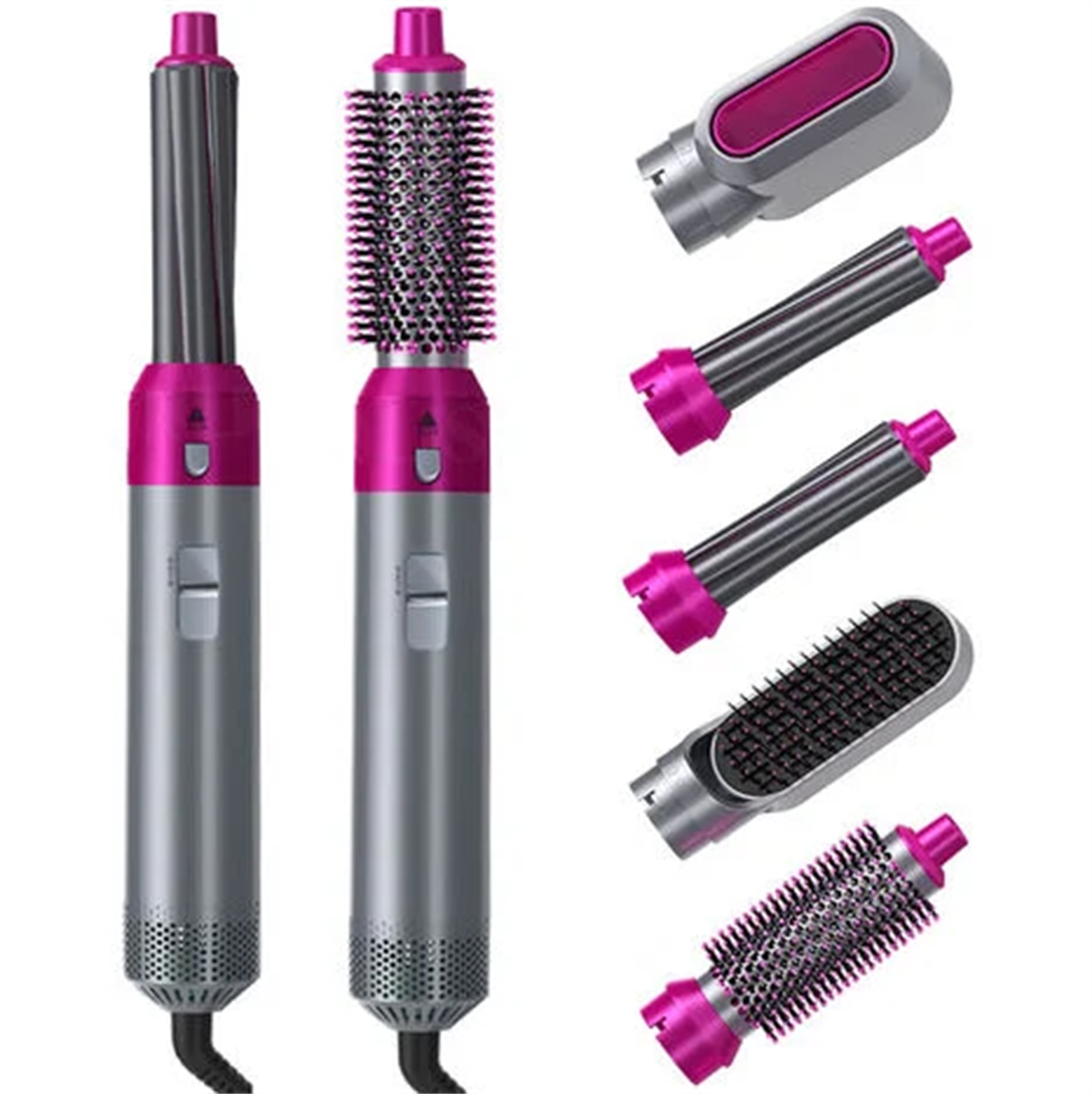 Ein Haarstyling-Werkzeug mit Aufsätzen, in Grau und Pink, isoliert auf Weiß.