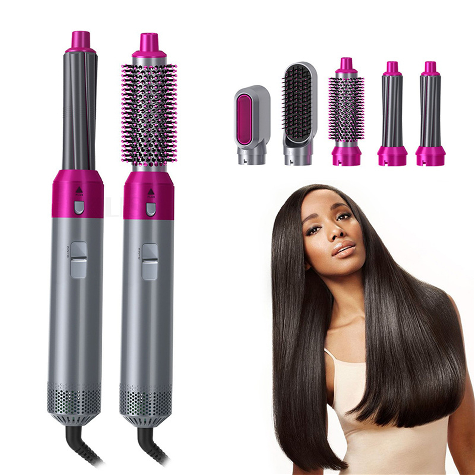 Zwei Haartrockner mit Aufsätzen, rechts eine Frau mit langen, glatten Haaren. Rosa und graue Farben.