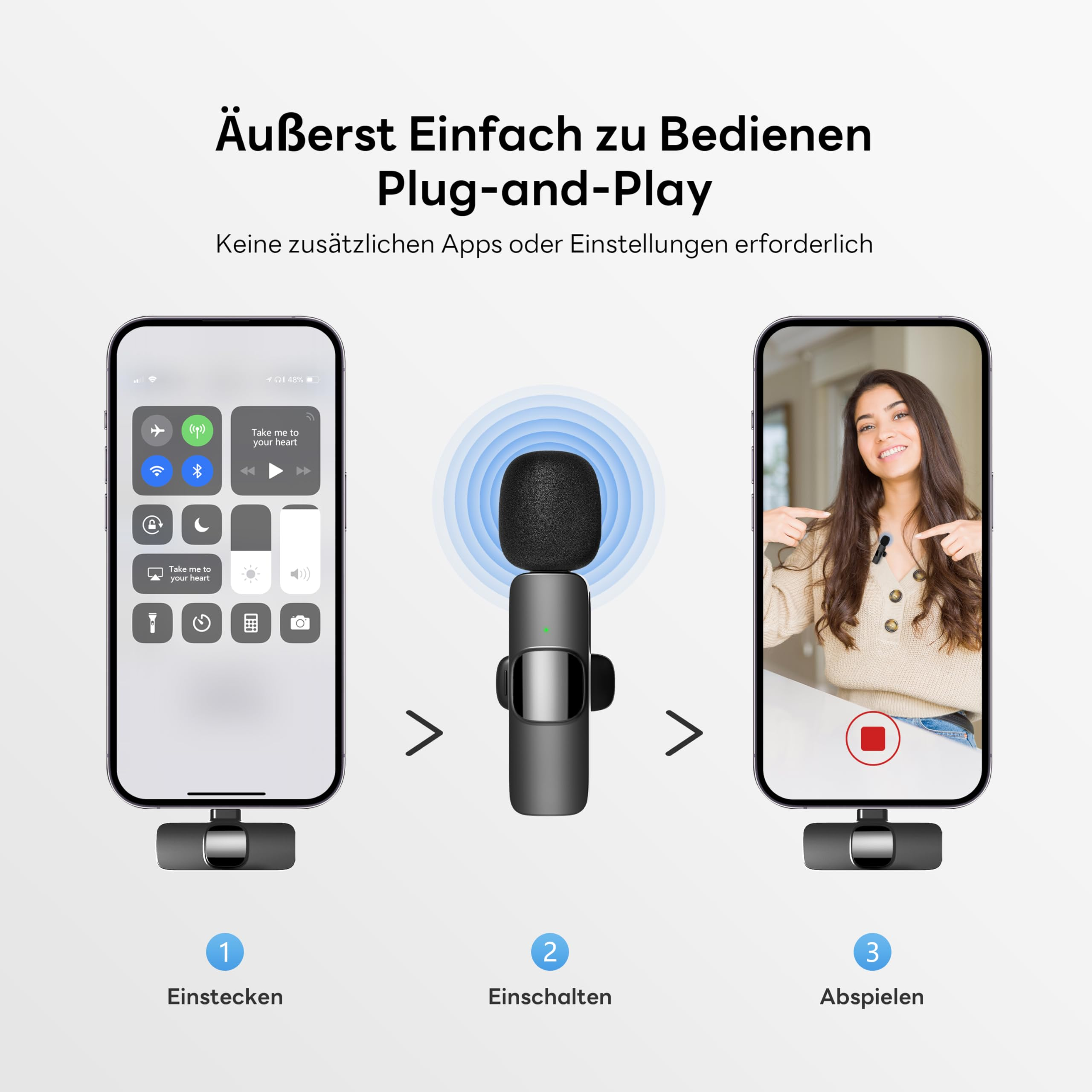 Bild zeigt ein drahtloses Mikrofon, das mit einem Telefon verwendet wird. Einfache Schritte: Einstecken, einschalten und abspielen.