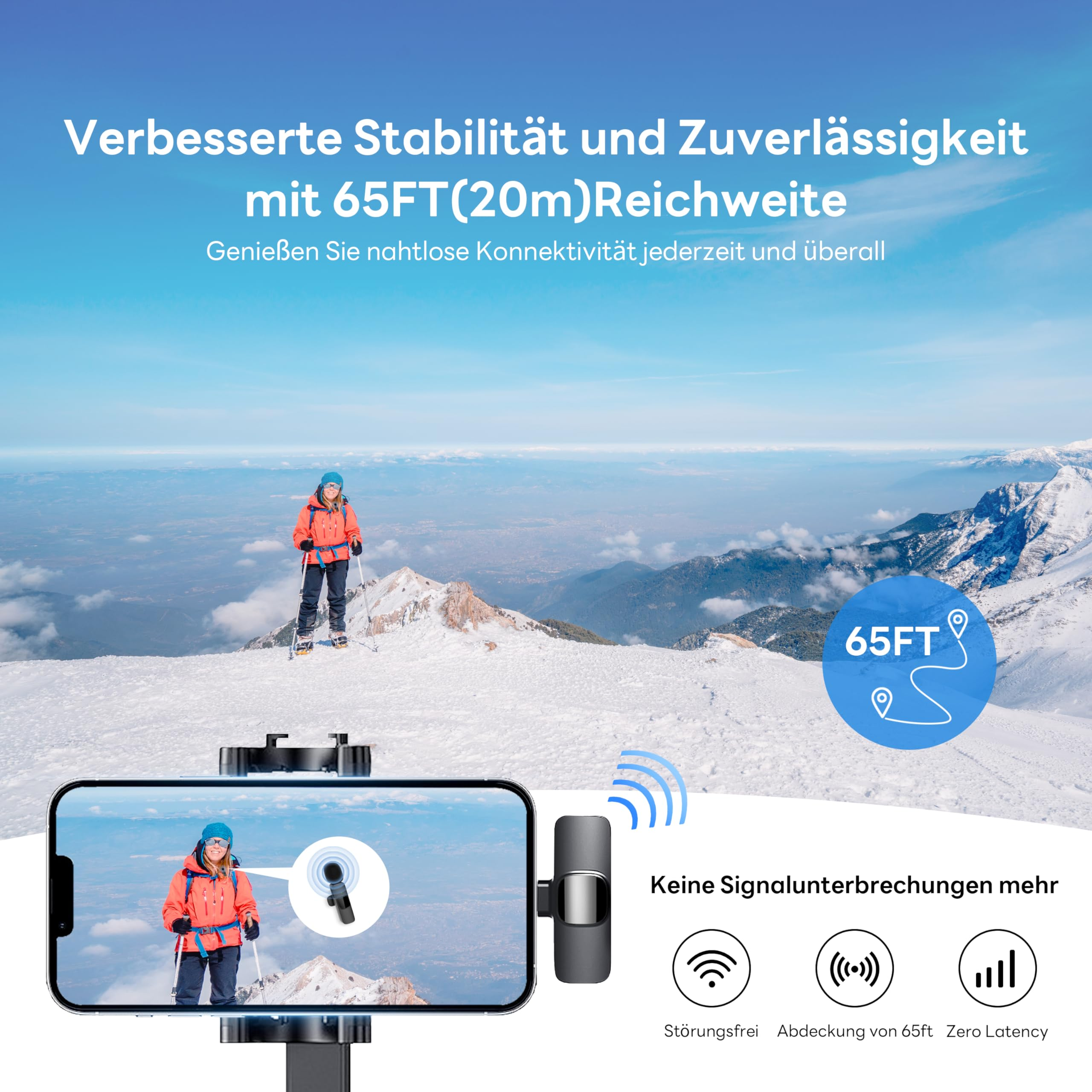 Eine Frau in orangefarbener Jacke auf schneebedecktem Berg mit Mikrofon und Telefon, Reichweite 65FT.