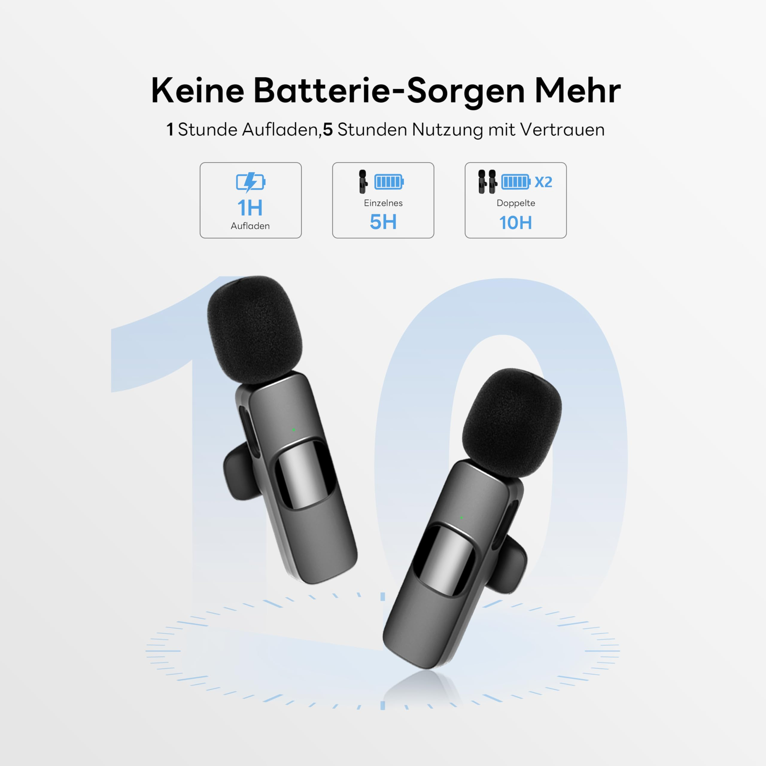 Zwei graue Mikrofone. Text: 1 Stunde Aufladen, 5 Stunden Nutzung und doppelte Nutzung für 10 Stunden. Keine Sorgen.