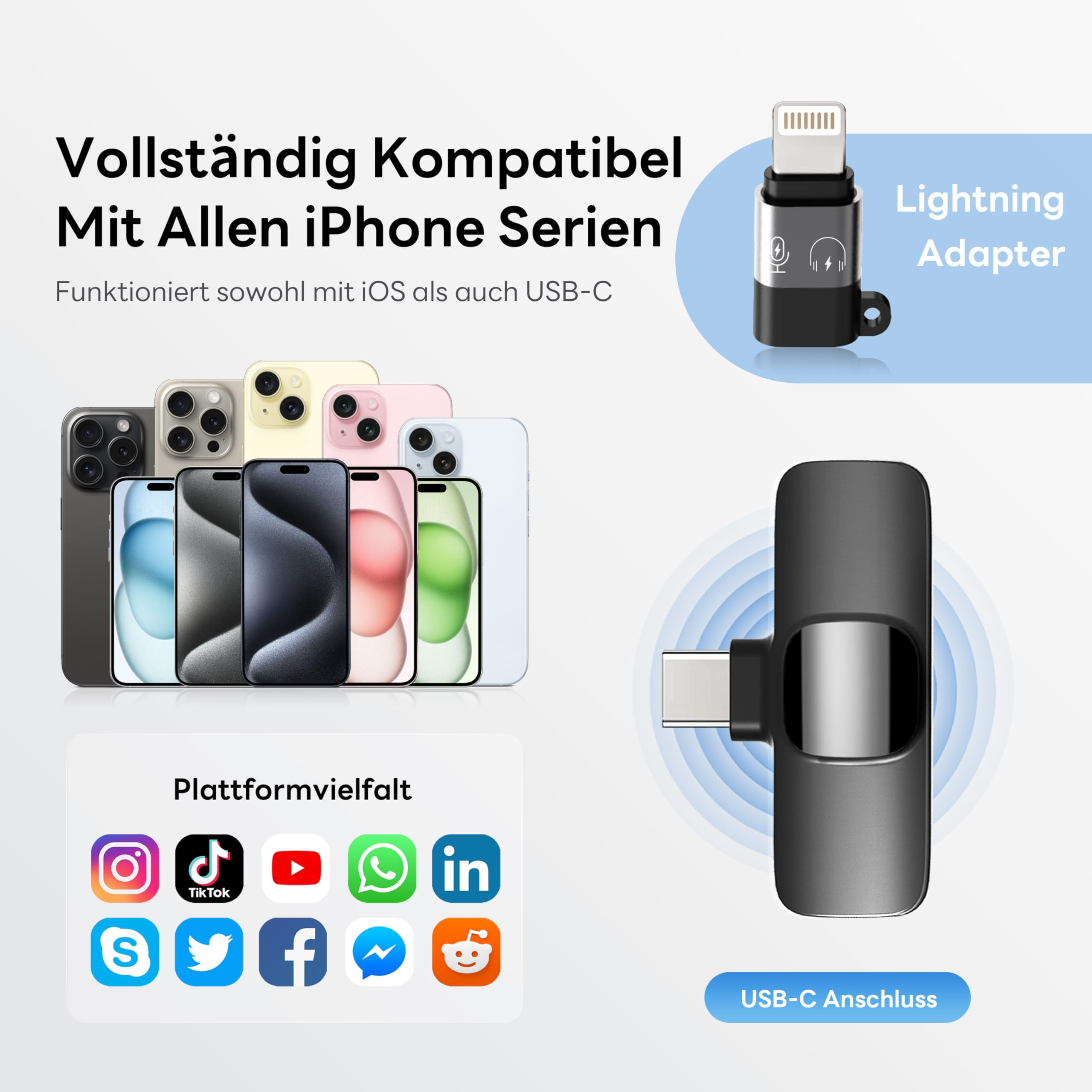 Bild zeigt Telefon und Stecker mit Lightning- und USB-C-Optionen, mit verschiedenen App-Logos.