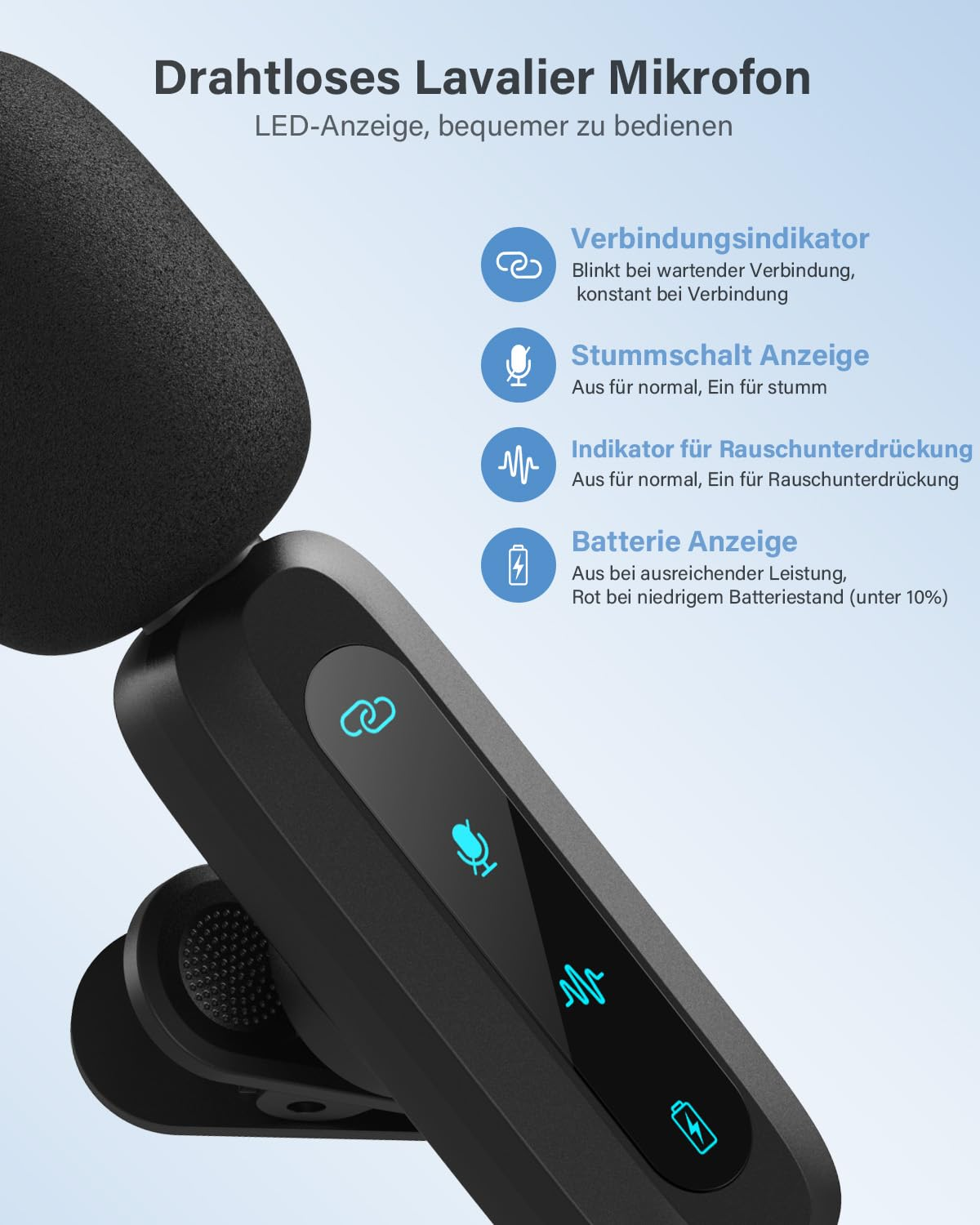 Nahaufnahme eines drahtlosen Lavalier-Mikrofons. Anzeige mit Symbolen für Verbindung und Akku.
