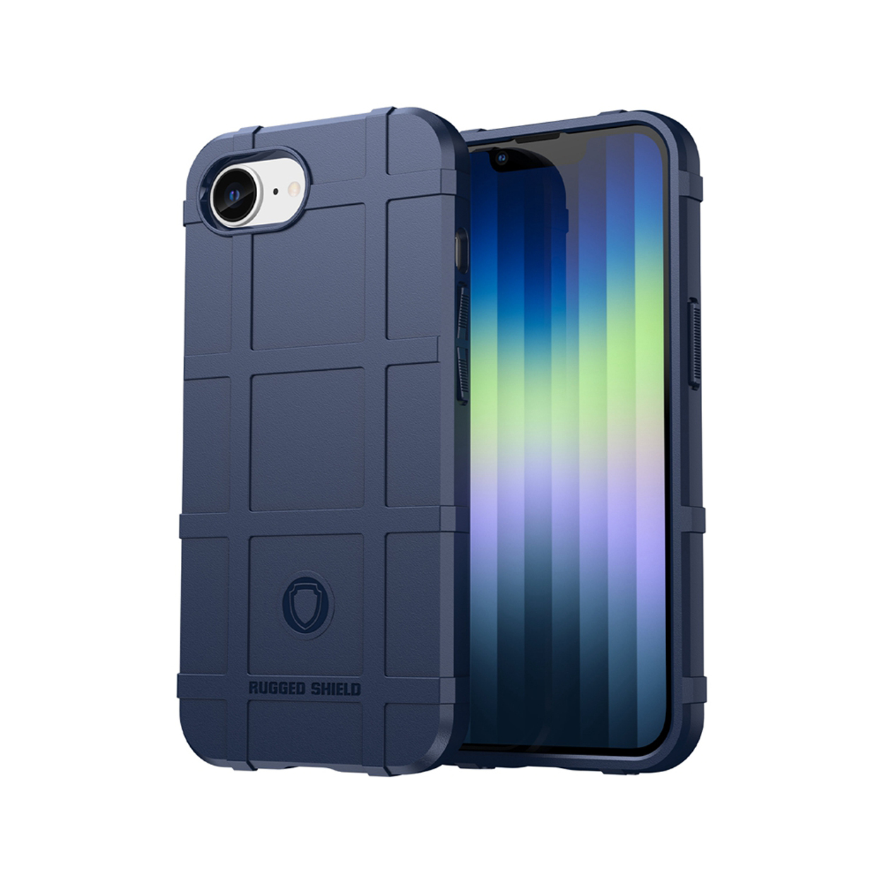 Een donkerblauwe telefoonhoes met een rasterpatroon en een telefoon erin. De hoes zegt 'RUGGED SHIELD'.