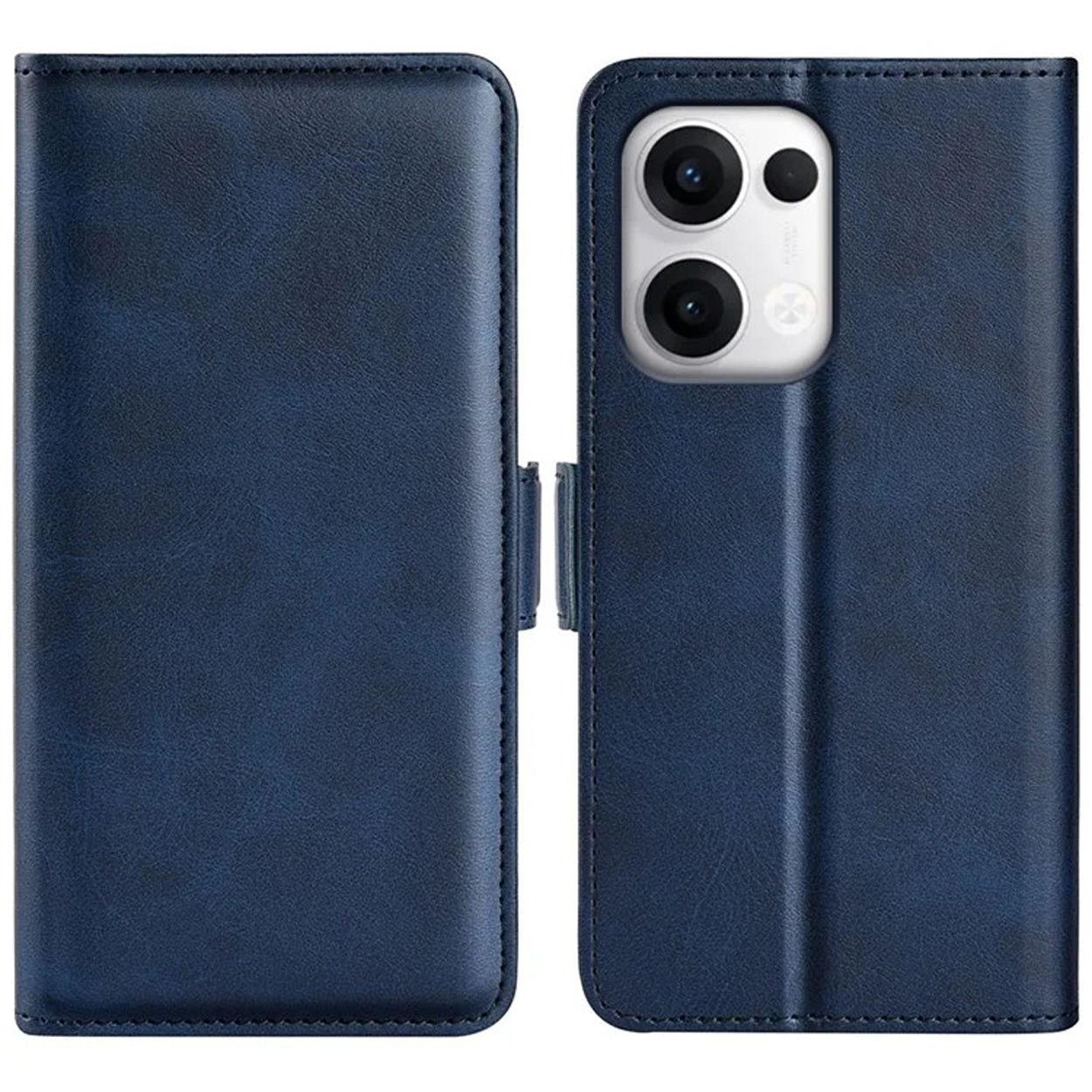 Een blauwe leren telefoonhoes wordt open en dicht getoond. De telefoon heeft een cameramodule.