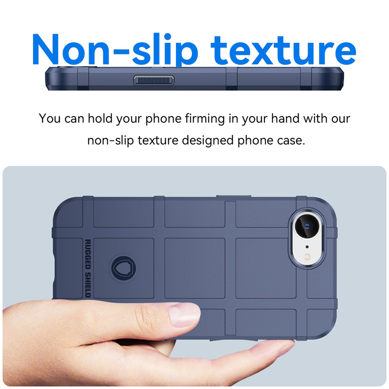 Blauwe telefoonhoes, getextureerd, met telefooncontour. Tekst: Antislip textuur. Hand die de hoes vasthoudt.