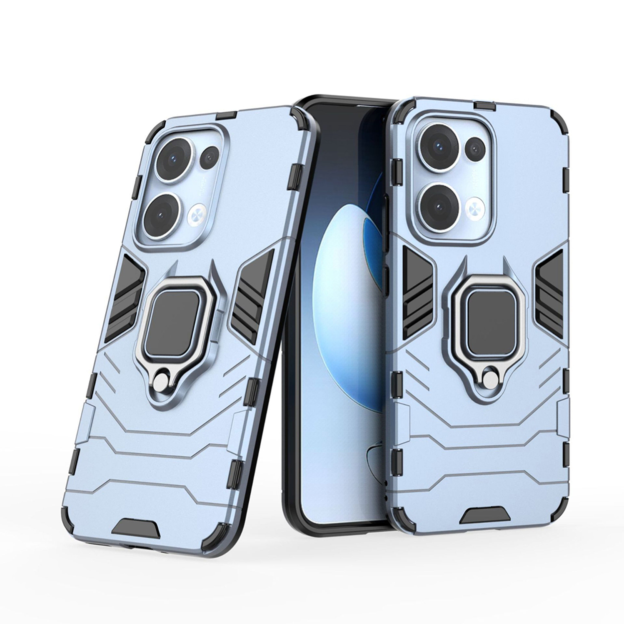 Lichtblauwe telefoonhoesjes met ringhouder. Witte achtergrond. Twee hoesjes worden getoond. Close-up.