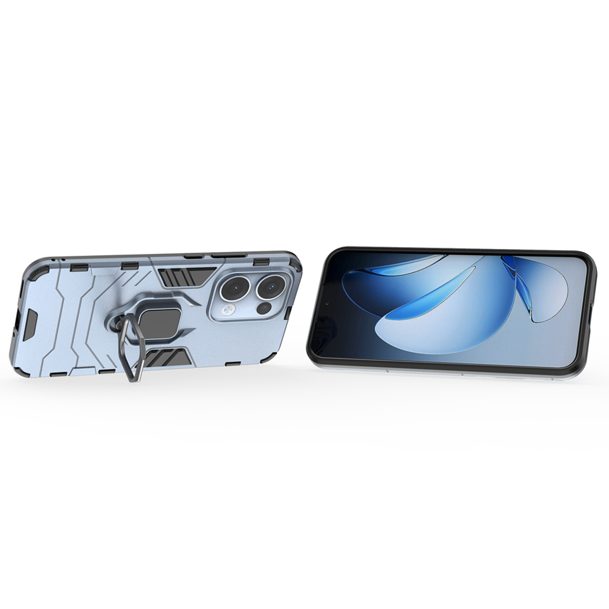 Twee telefoons, een met een blauwe en zilveren hoes en de andere met een blauw kunstscherm.