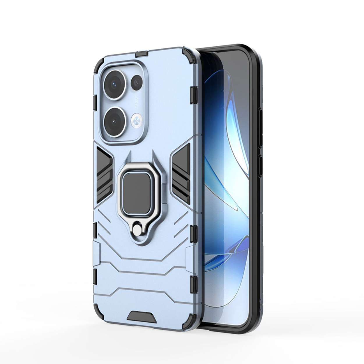 Blauwe telefoonhoes met een ringhouder en een telefoon met een blauw kunstscherm.