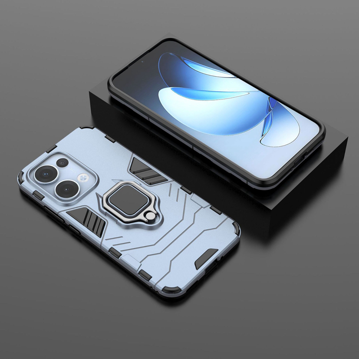 Telefoonhoes met een telefoon op een zwart oppervlak. Blauwe en grijze kleuren zijn zichtbaar.