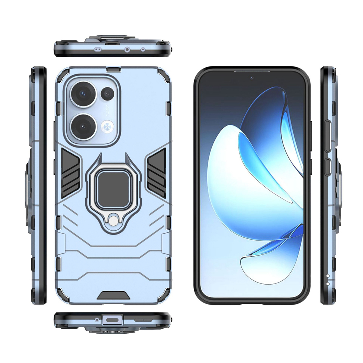 Blauwe telefoonhoes met een ringhouder. Telefoon met een blauw kunstscherm.