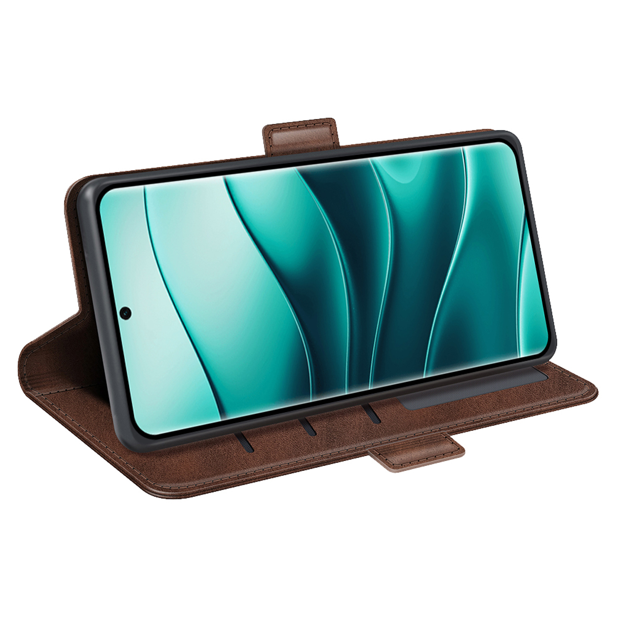 Bruine telefoonportemonnee open met een telefoon met een groen en blauw scherm.