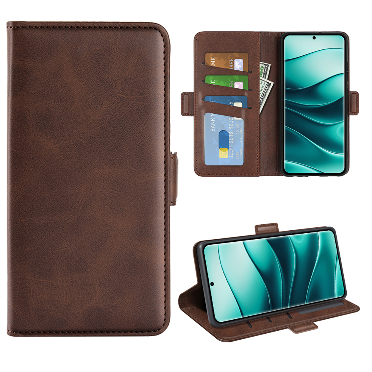 Open bruine leren telefoonhoes met kaarten en een telefoon met een groen scherm.