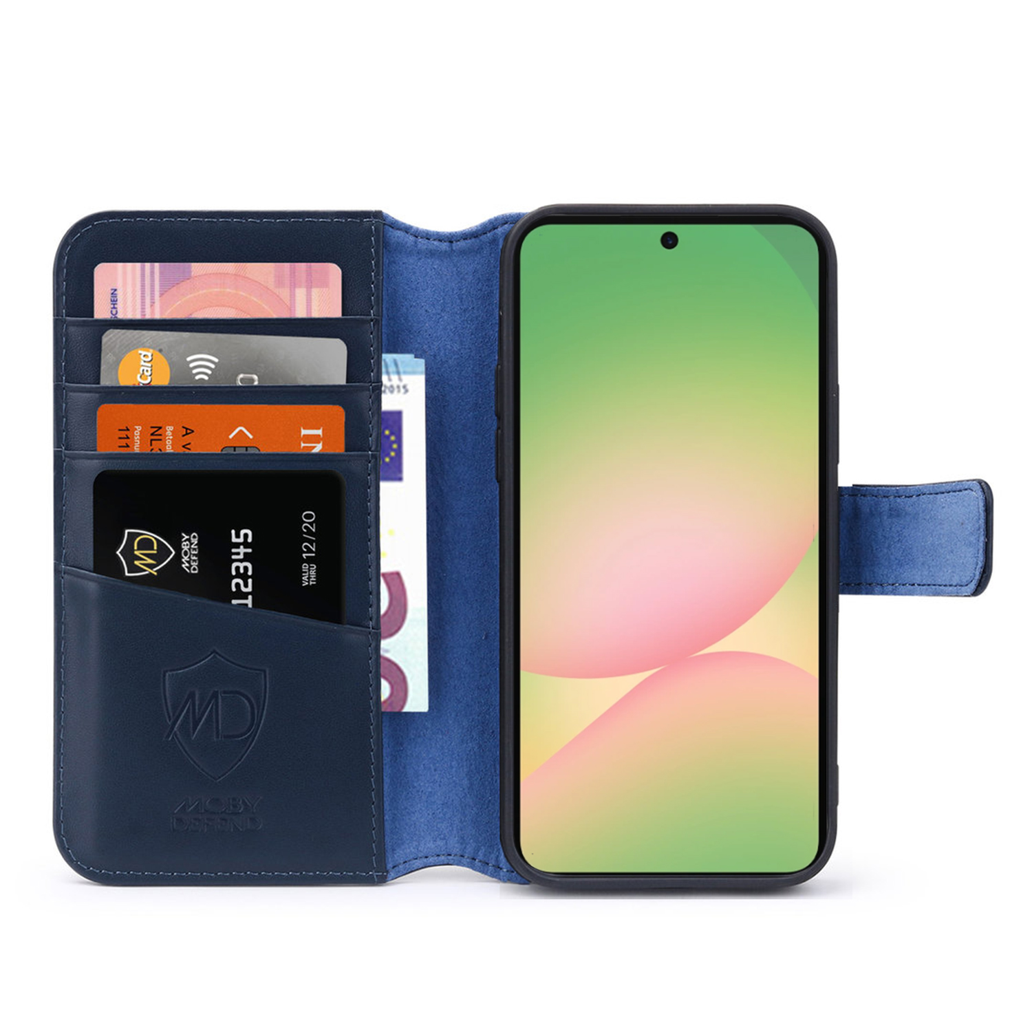 Blauwe telefoonportemonnee open met kaarten, contanten en een telefoon met een roze scherm.