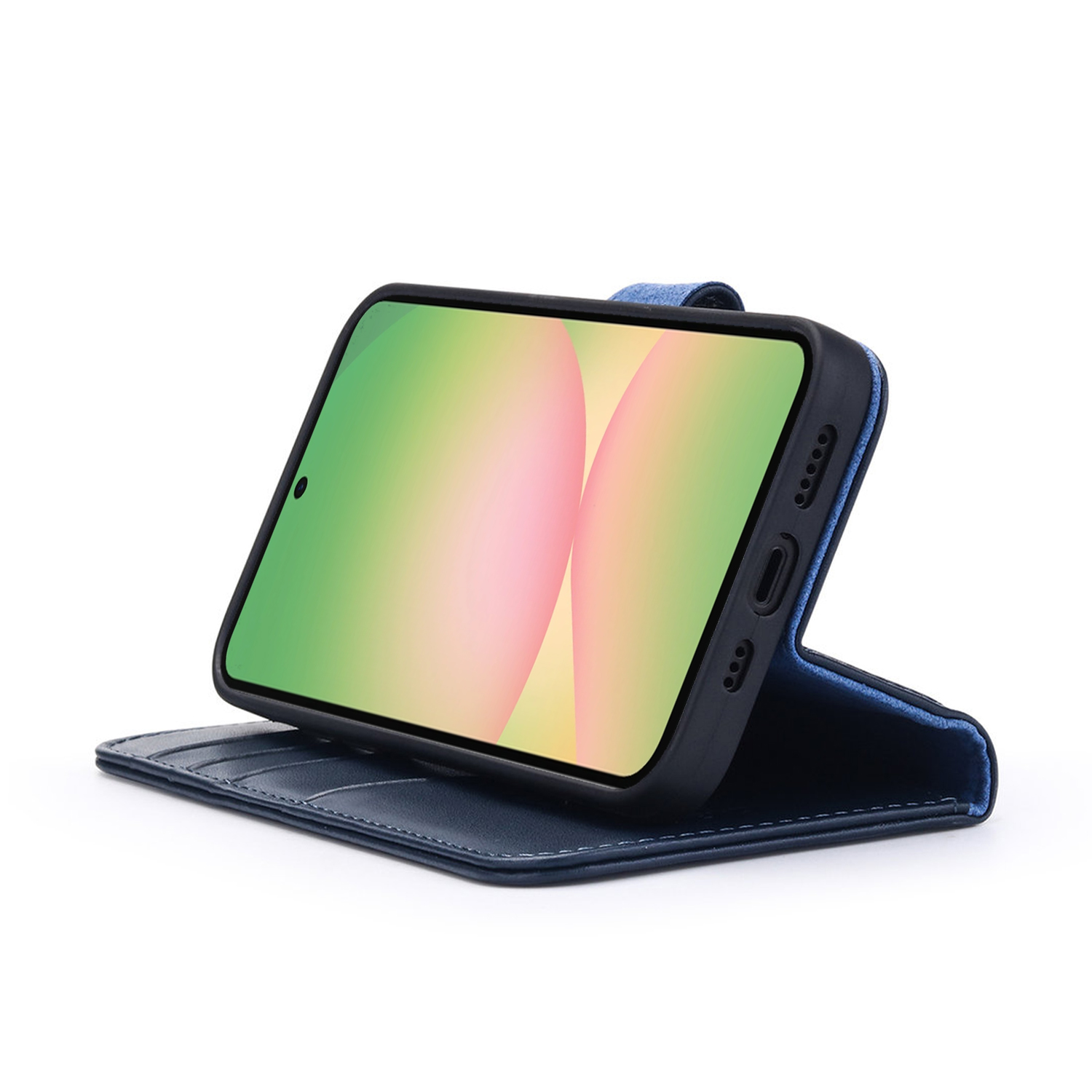Blauwe telefoonhoes in portemonnee-stijl open, met een telefoonscherm met een kleurrijke abstracte afbeelding.